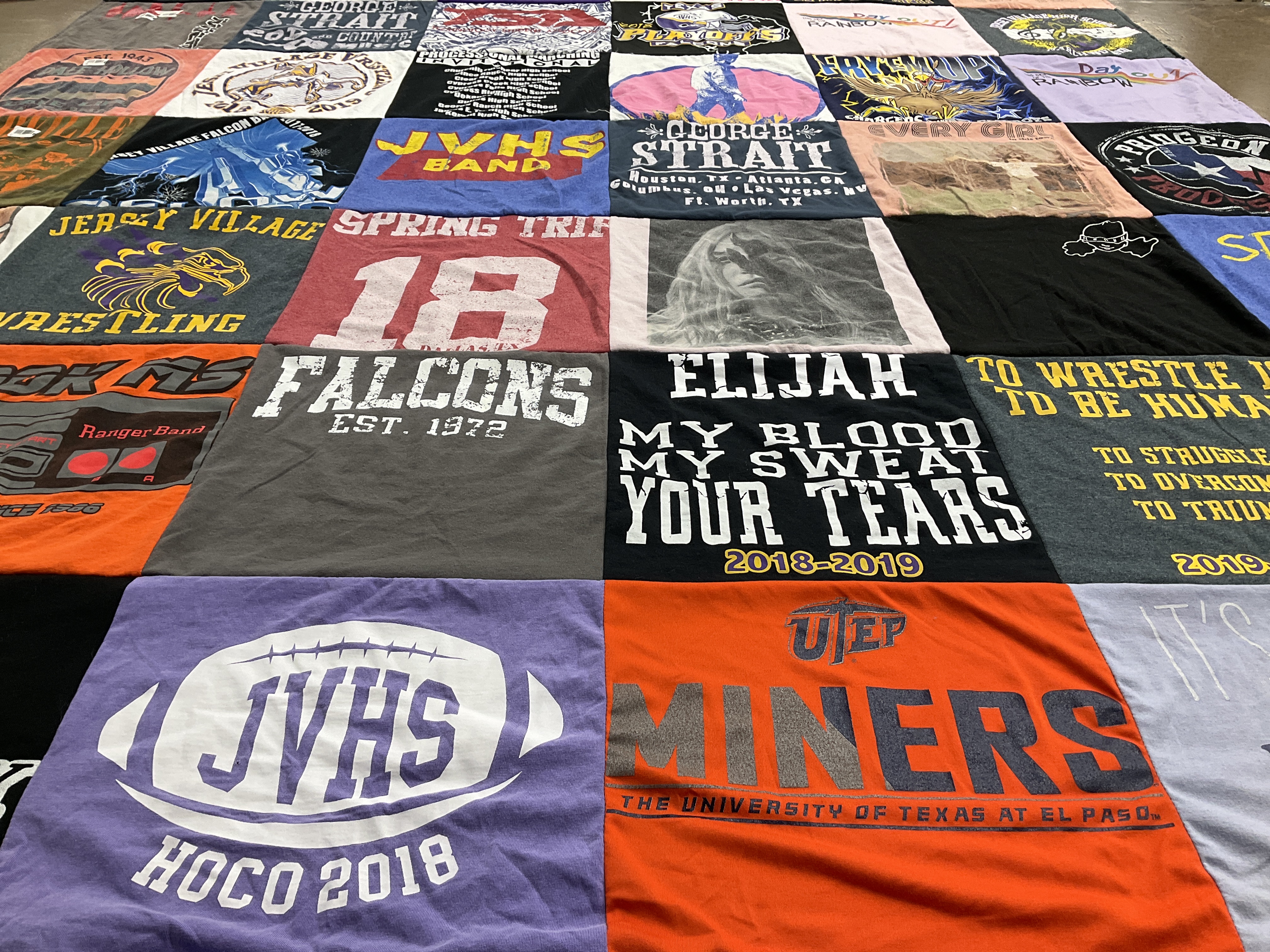 T-shirt quilt featuring jersey village high school falcons, jvhs falcons by Holly from TX