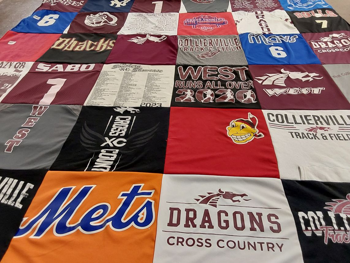 T-shirt quilt featuring collierville track and field, dragons by Amy from TN