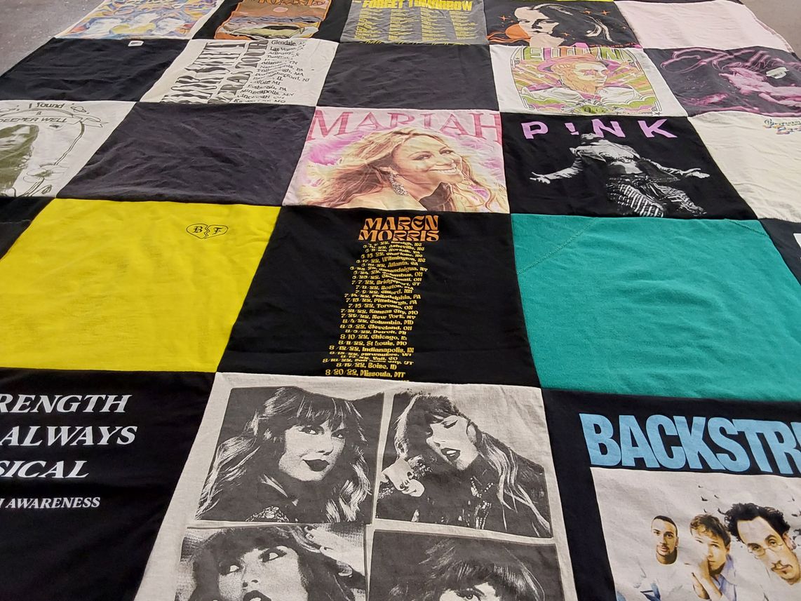 T-shirt quilt with music, pop culture themes by Gabrielle from CA