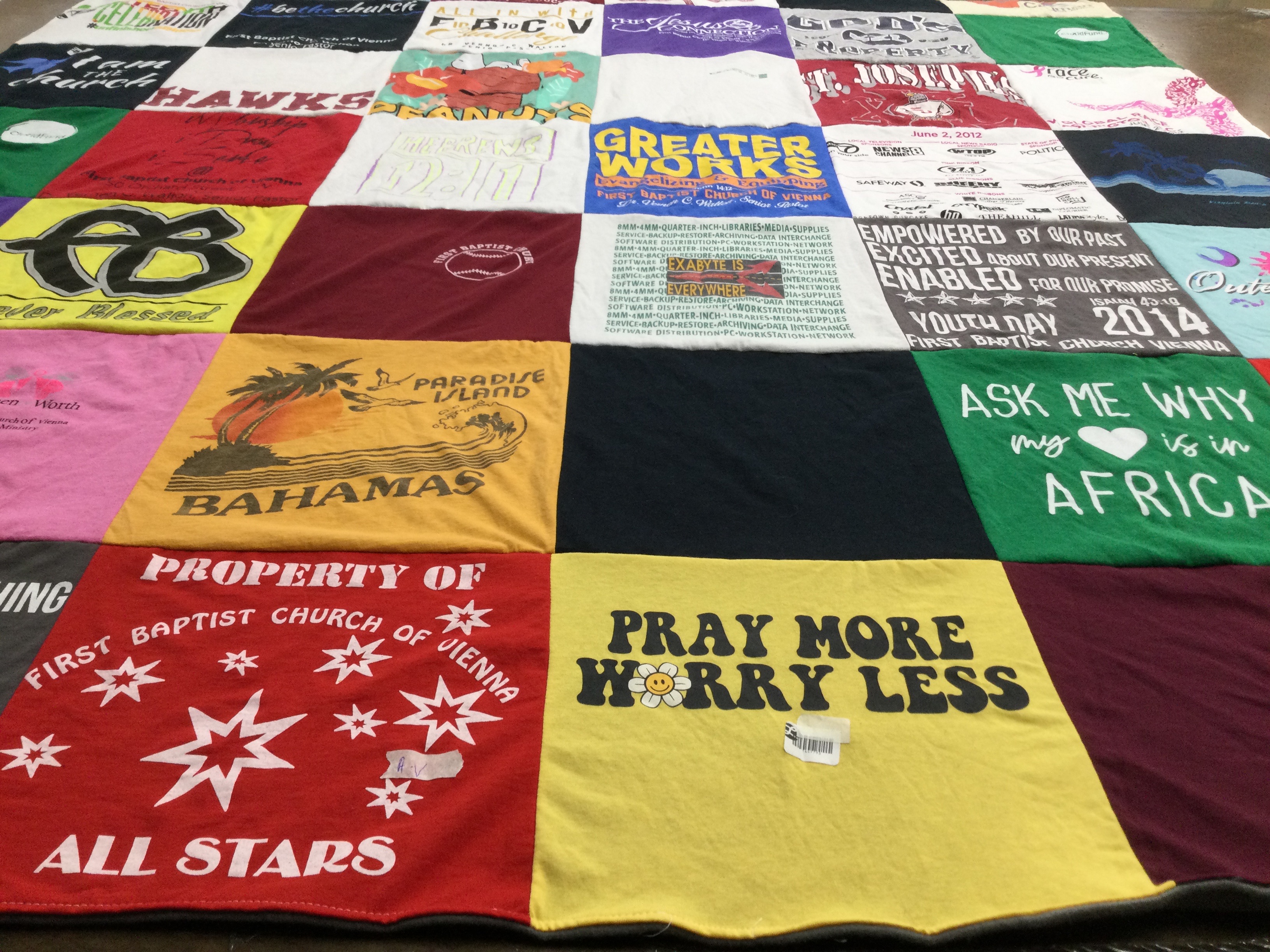 T-shirt quilt with baptist church, faith themes by Anita from VA