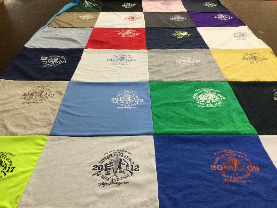 T-shirt quilt with fishing, outdoor activities themes by Irene from FL