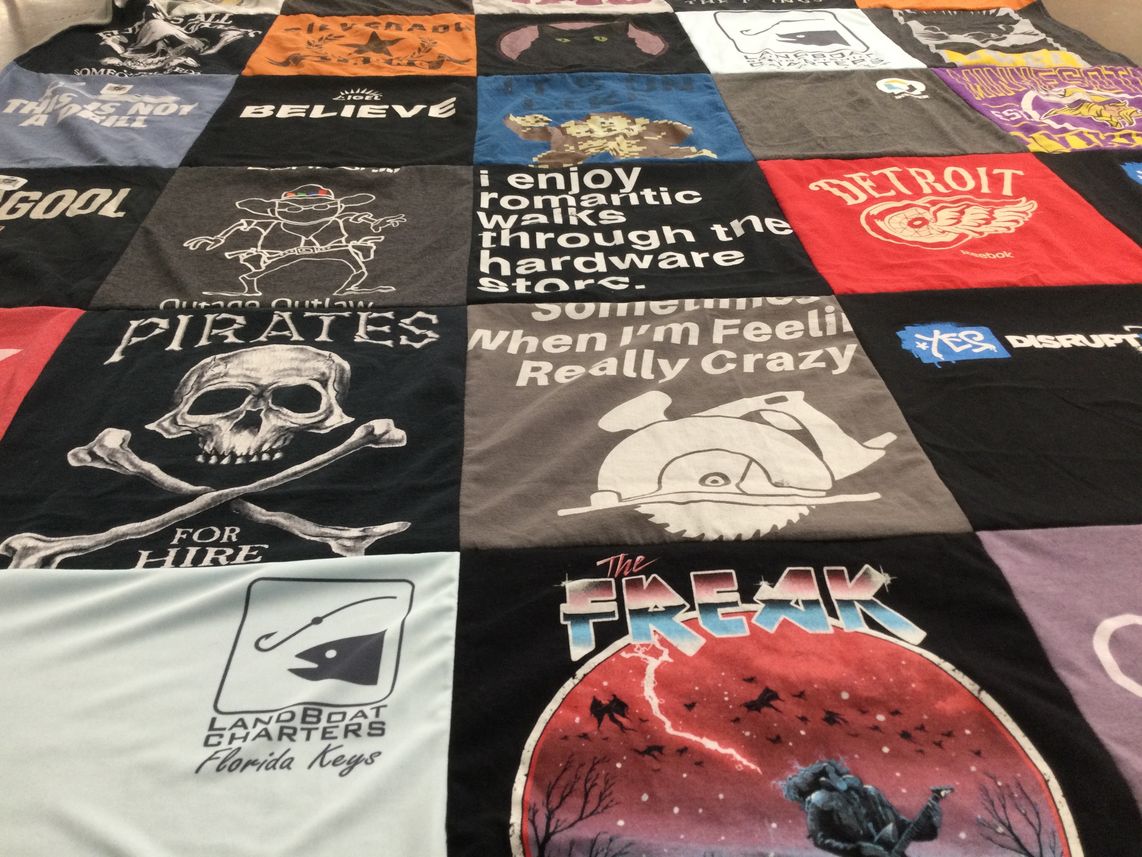 T-shirt quilt with fishing, pirates themes by Leanne from MI