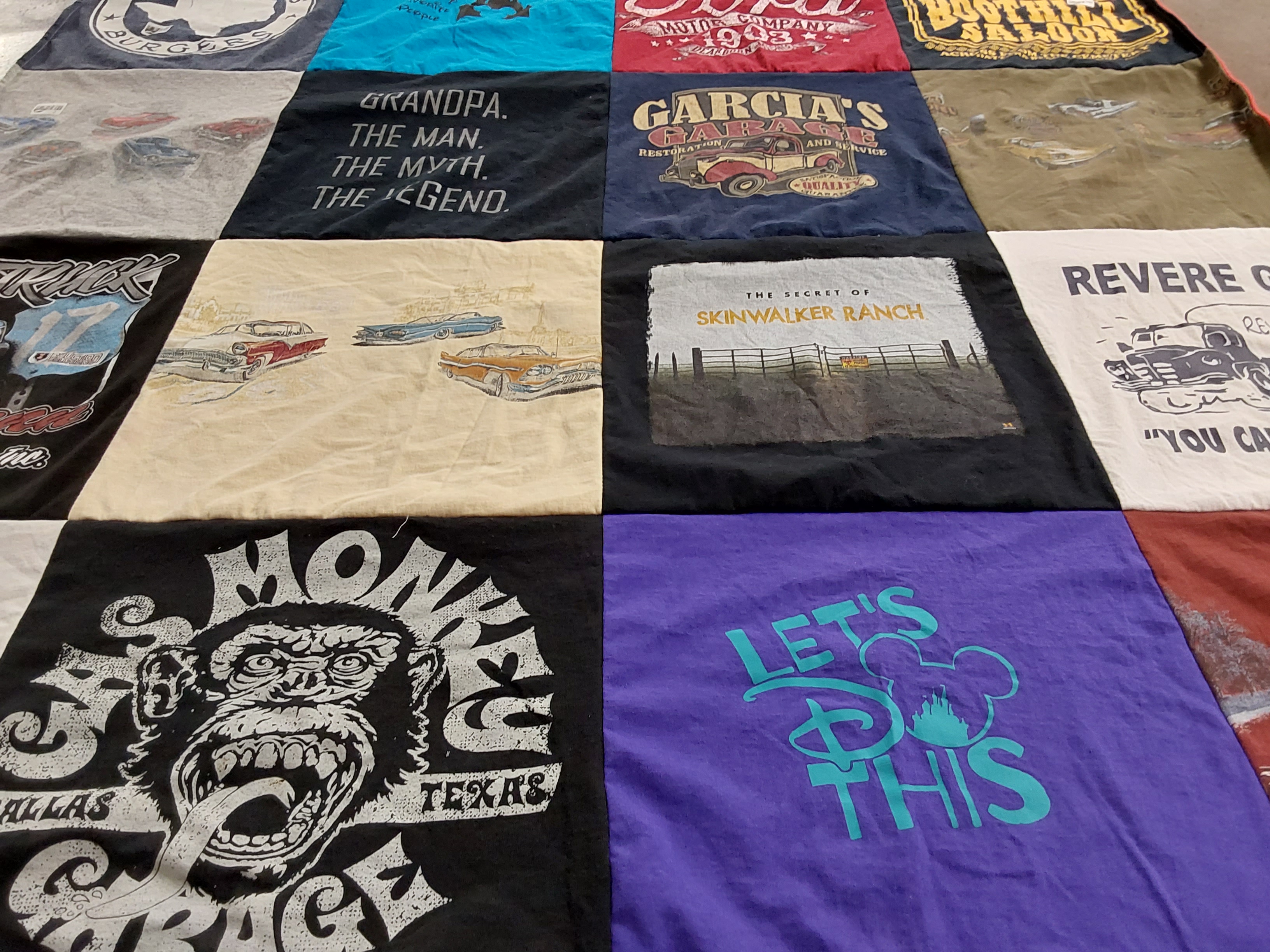 T-shirt quilt with cars, mythology themes by VICKIE from VA
