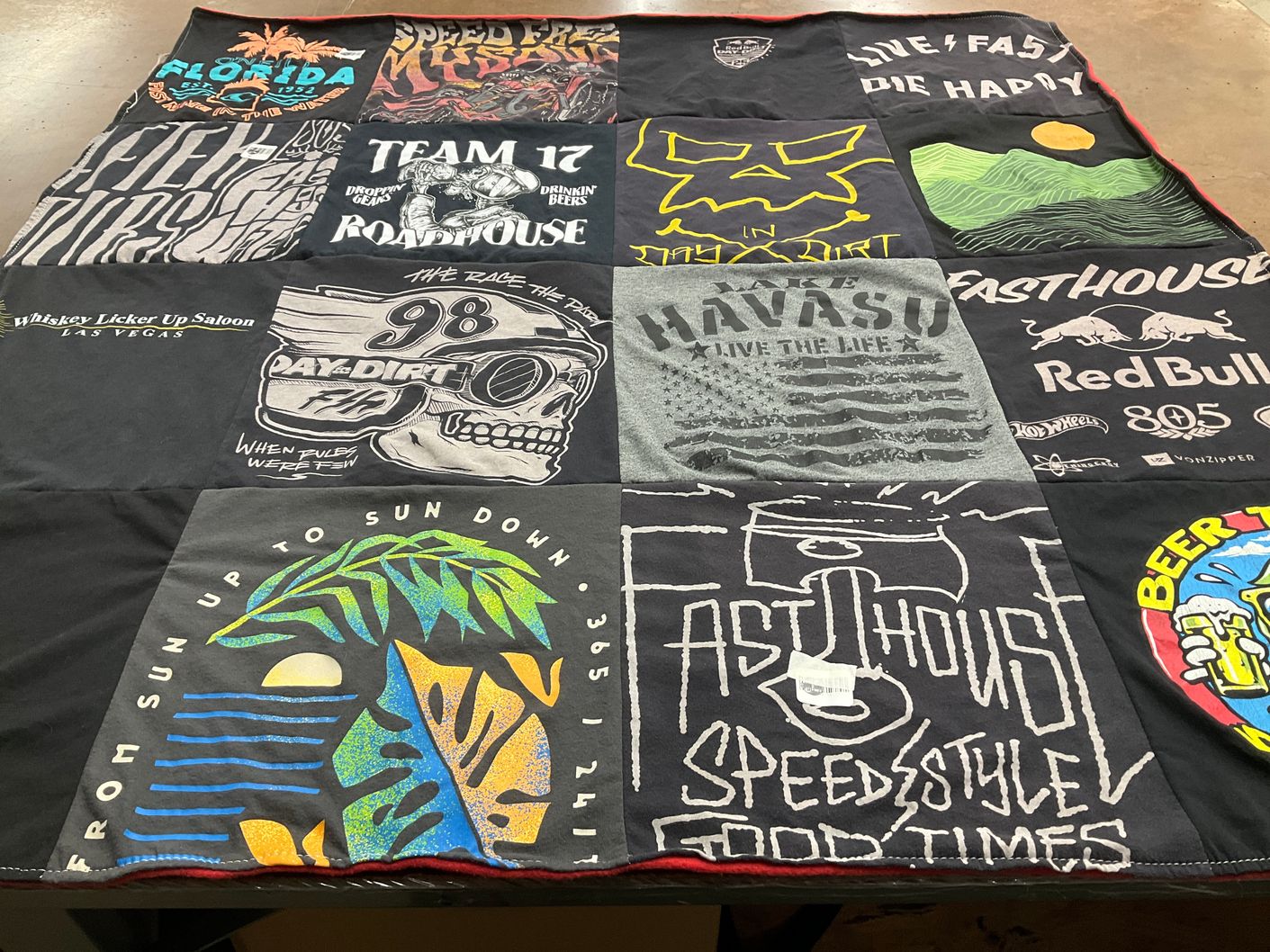 T-shirt quilt with motorcycles, drinking themes by Janice from OR