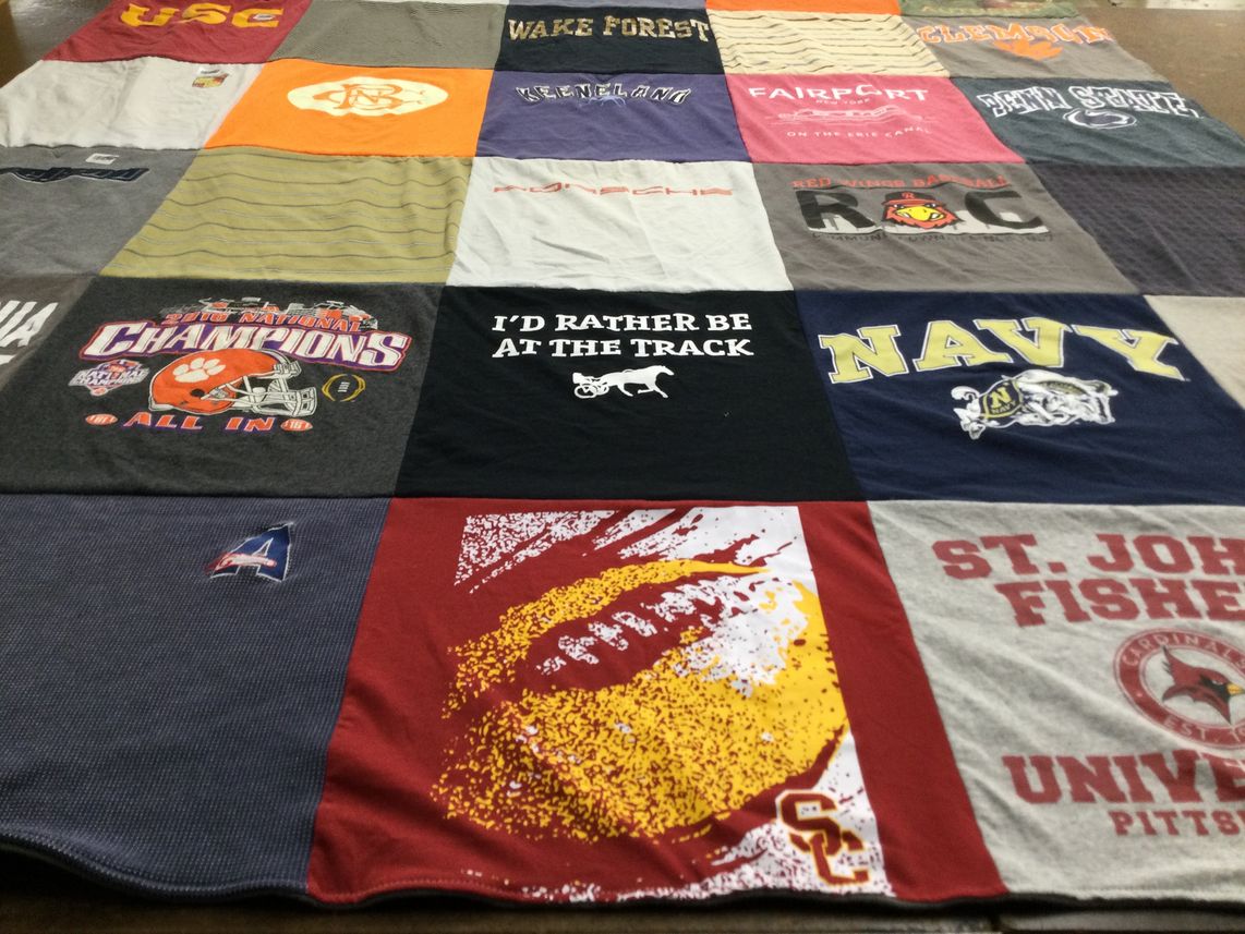 T-shirt quilt from st john fisher university, clemson university by Laura from NY