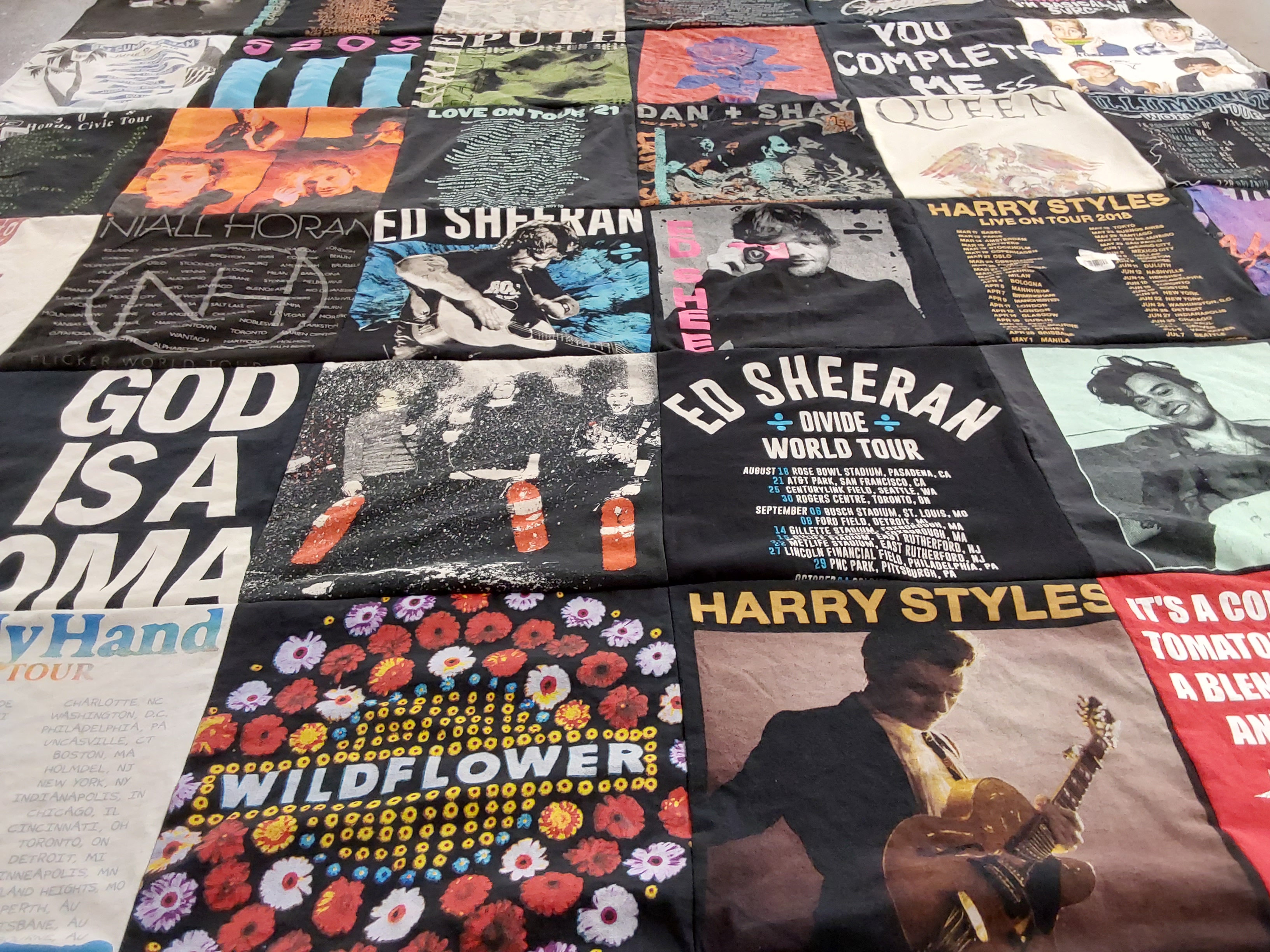 T-shirt quilt with music, concerts themes by adrienne from NY