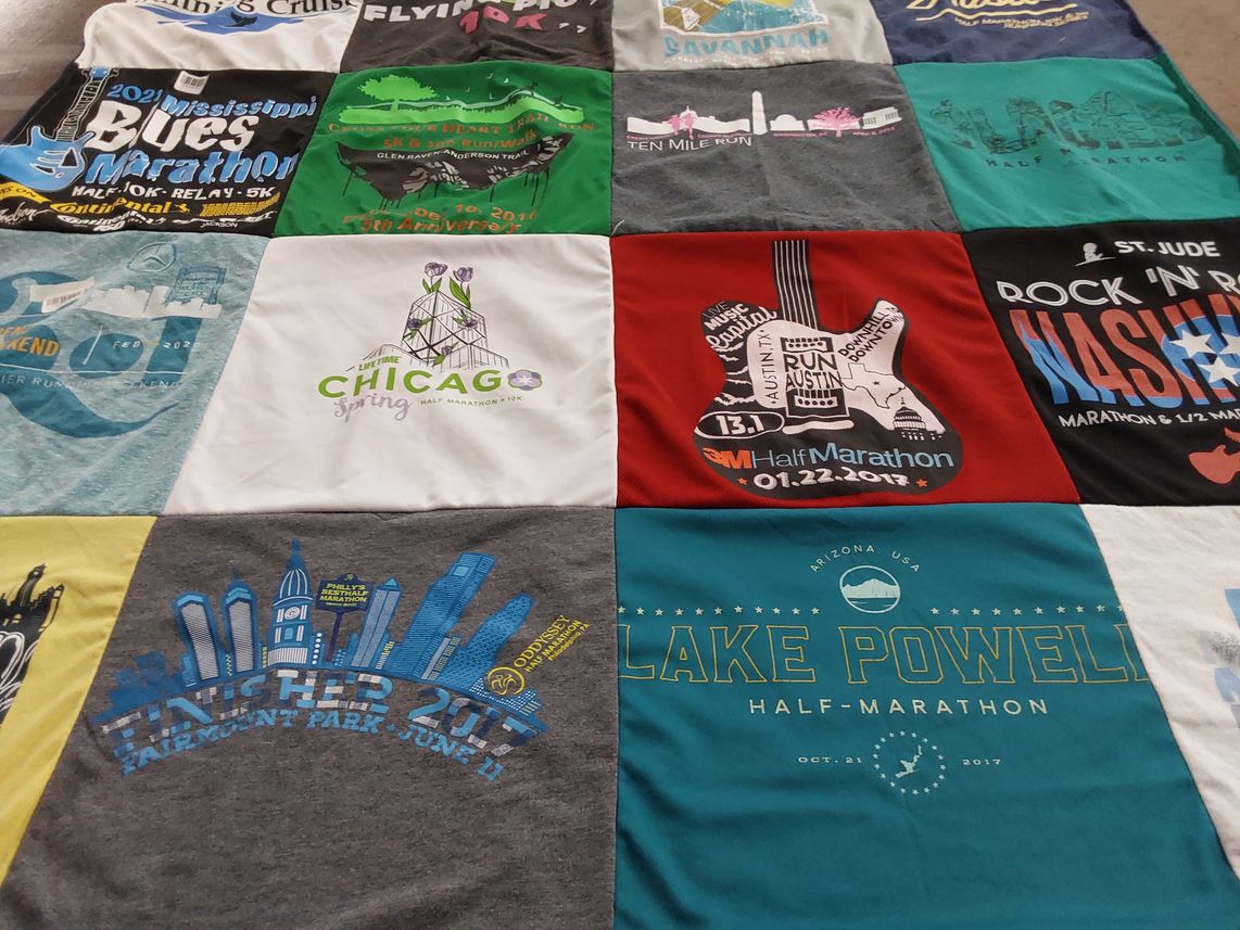 T-shirt quilt with running, marathons themes by Danielle from FL