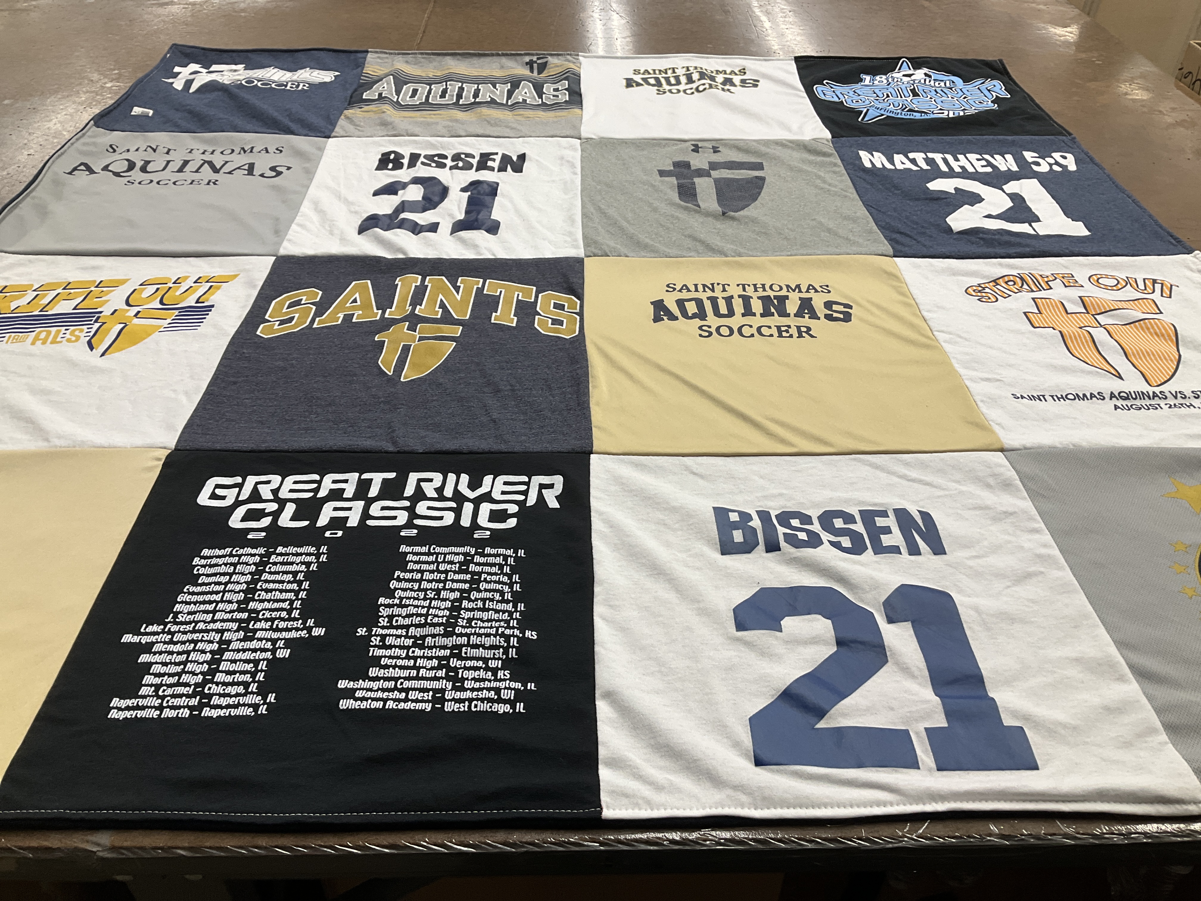 T-shirt quilt featuring saint thomas aquinas soccer by Andrea from KS