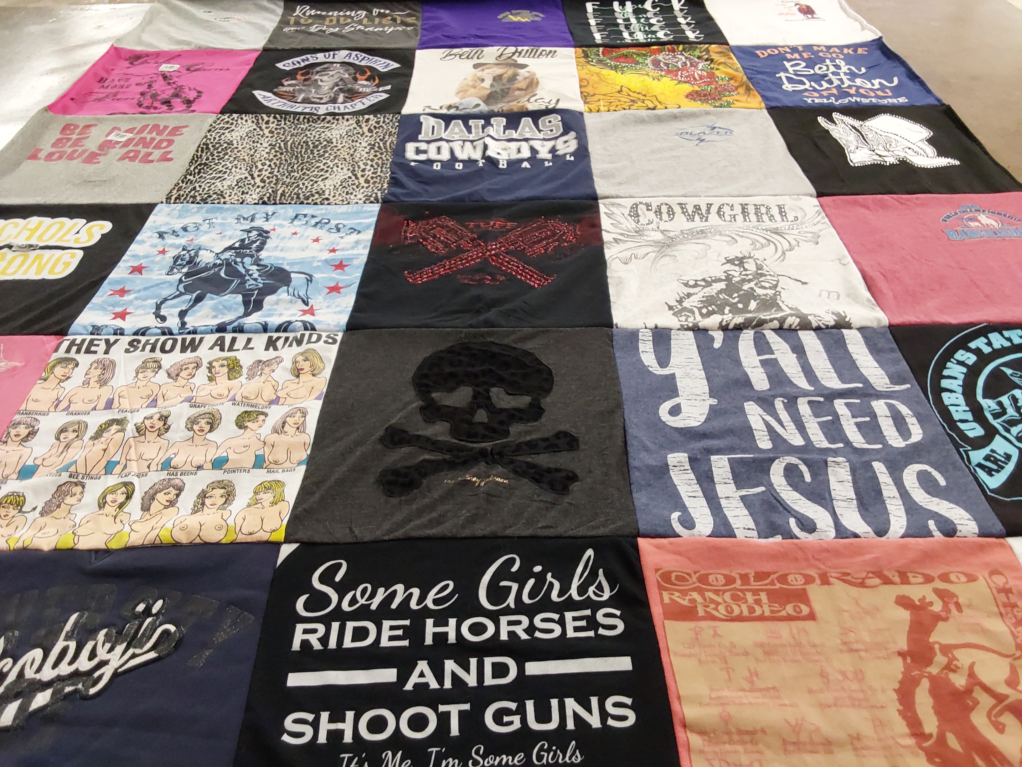 T-shirt quilt with horses, rodeo themes by Danica from CO