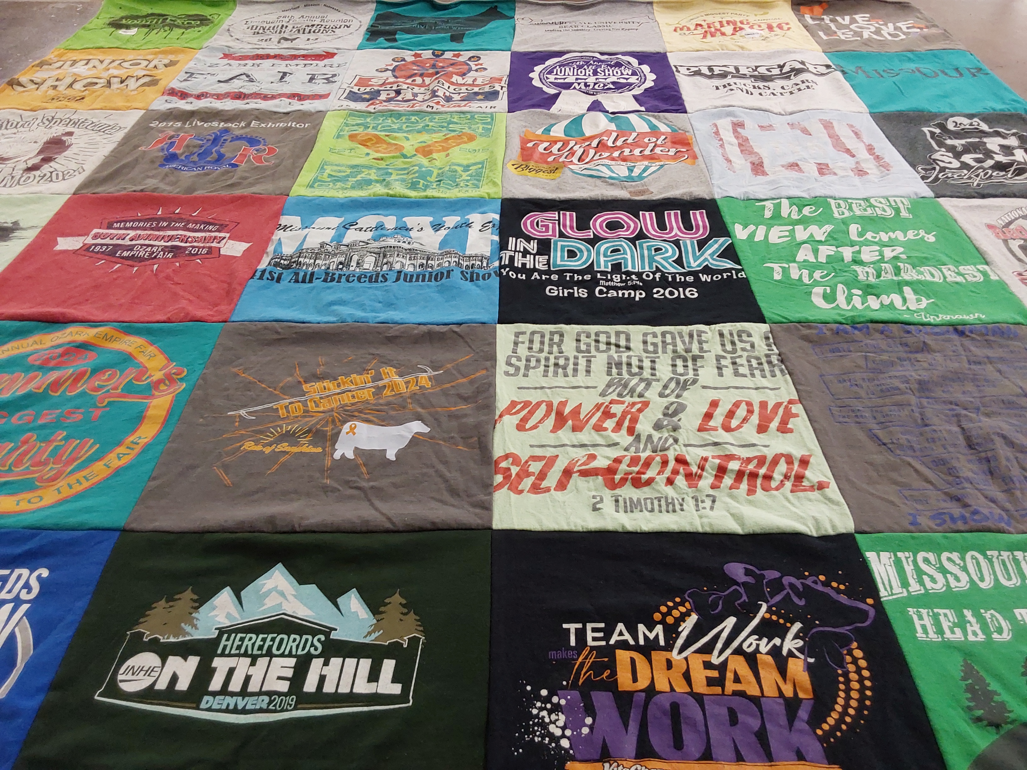 T-shirt quilt with youth camp, agriculture themes by Rhonda from MO