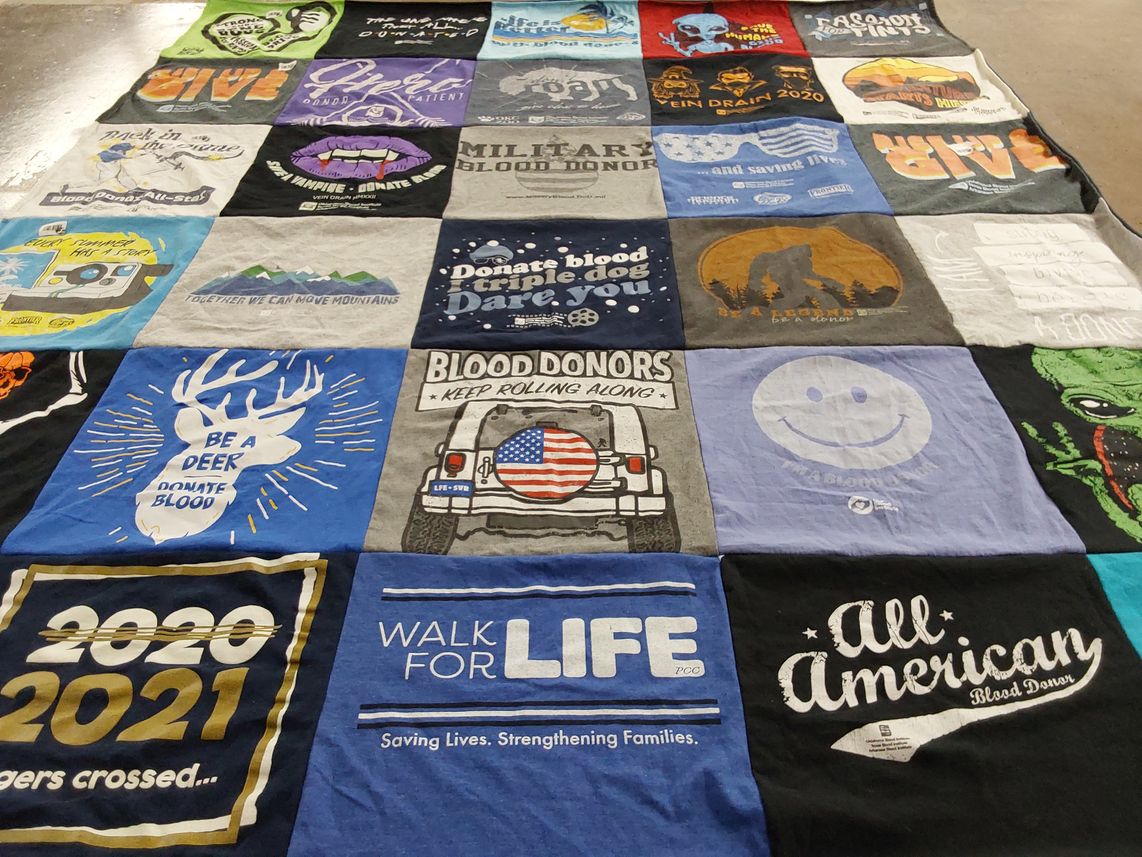 T-shirt quilt with blood donation, health awareness themes by Samantha from MO