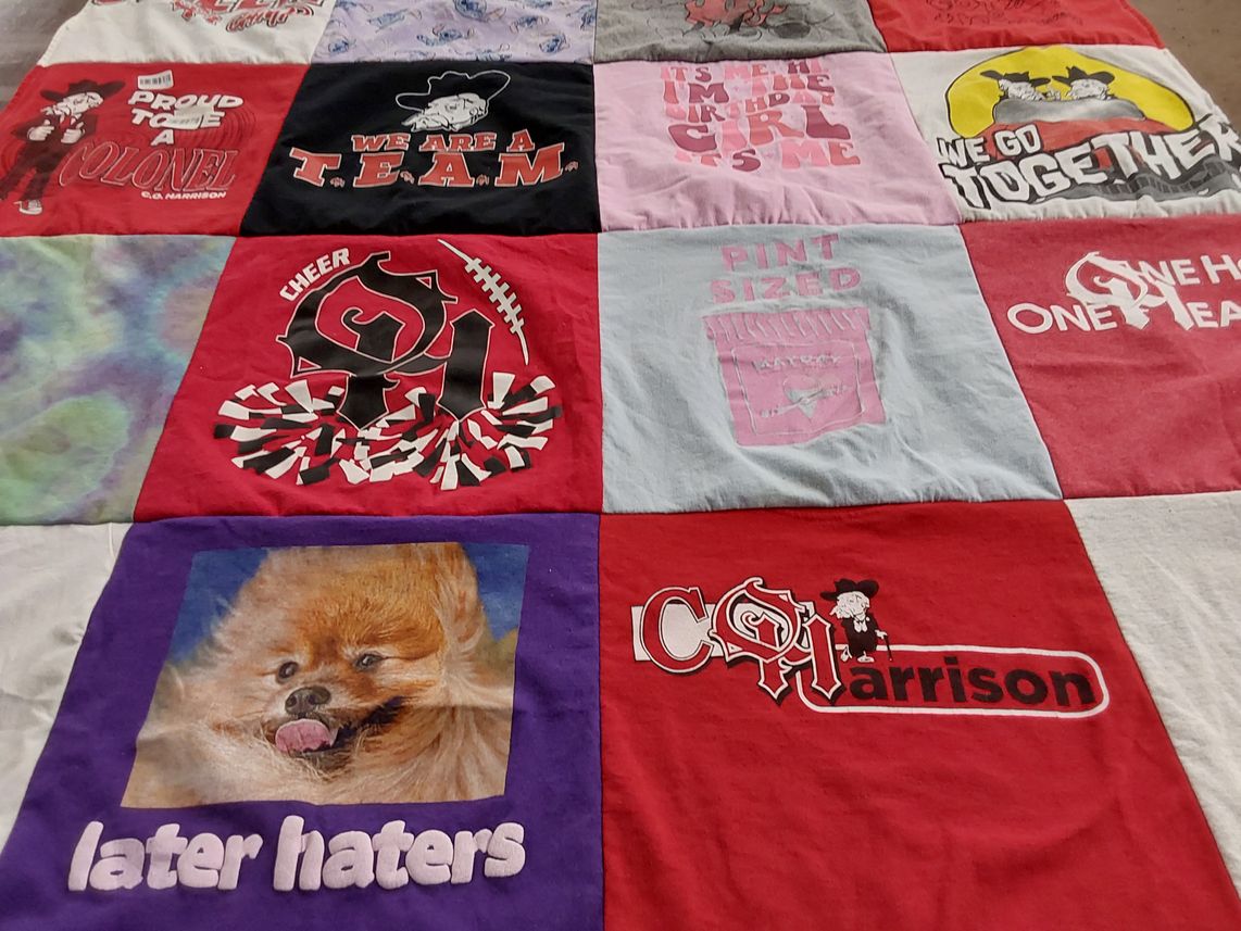 T-shirt quilt with team spirit, cheerleading themes by Amanda from OH