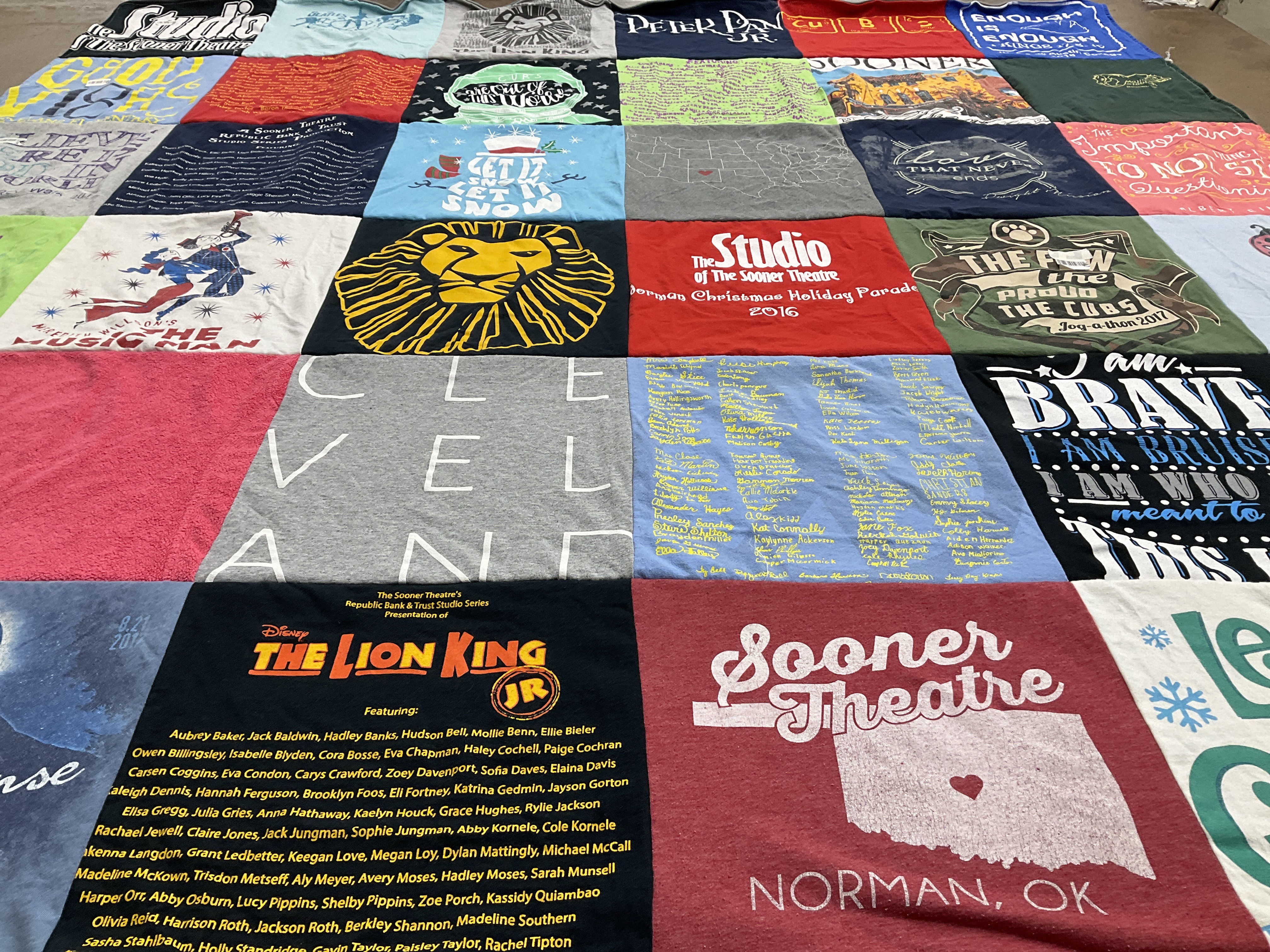 T-shirt quilt with theatre, music themes by Zoey from OK