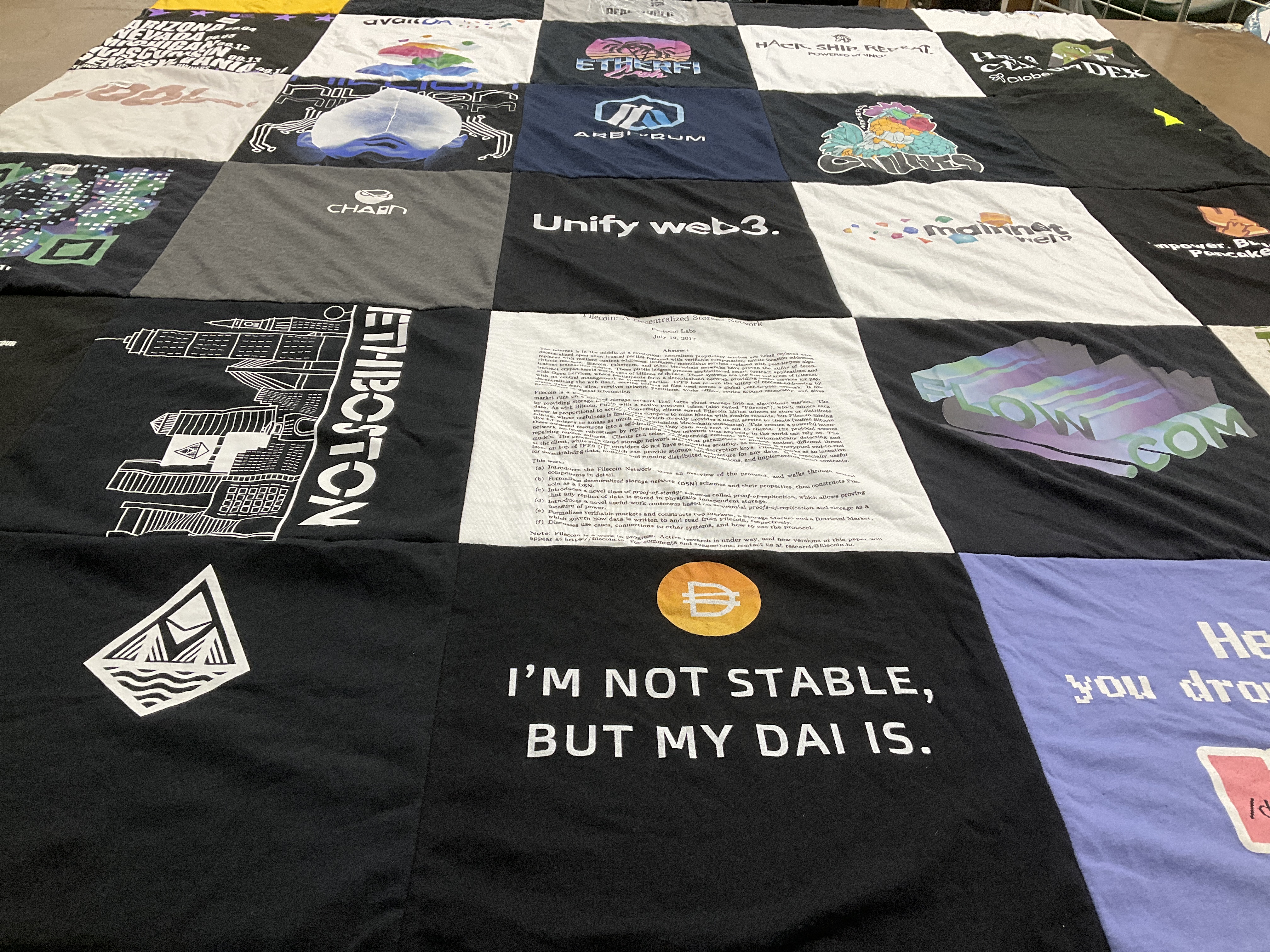 T-shirt quilt with blockchain, cryptocurrency themes by Lucinda from AZ