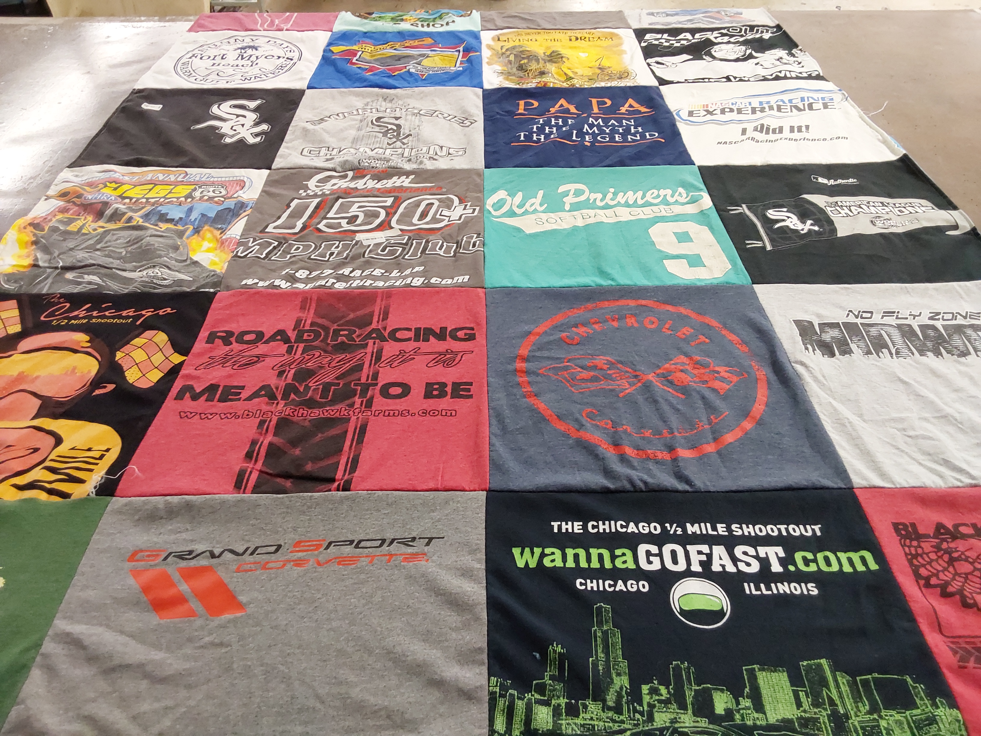 T-shirt quilt with auto racing, softball themes by Randy from IL