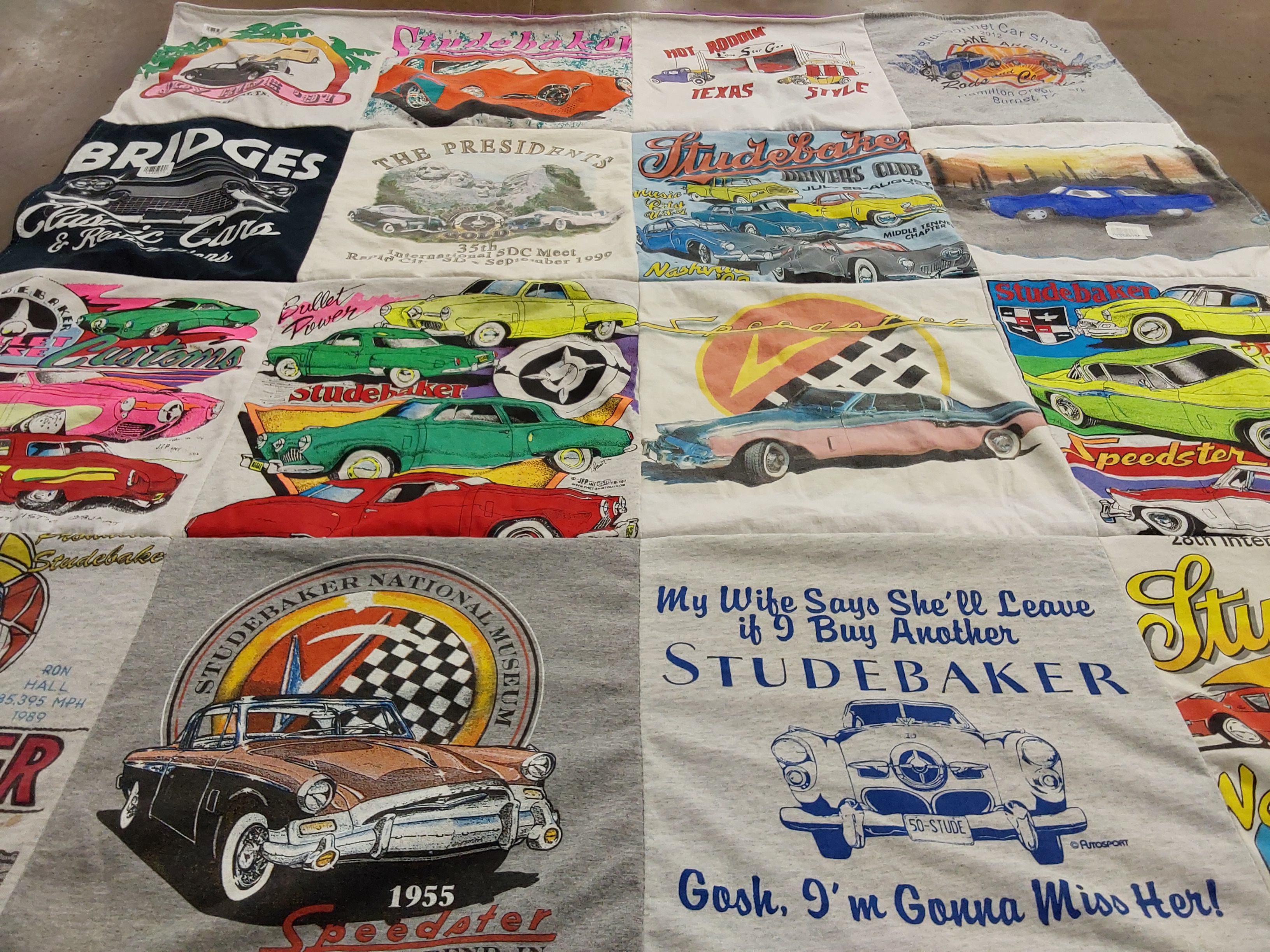 T-shirt quilt with cars, automobiles themes by Rose Ann from TX
