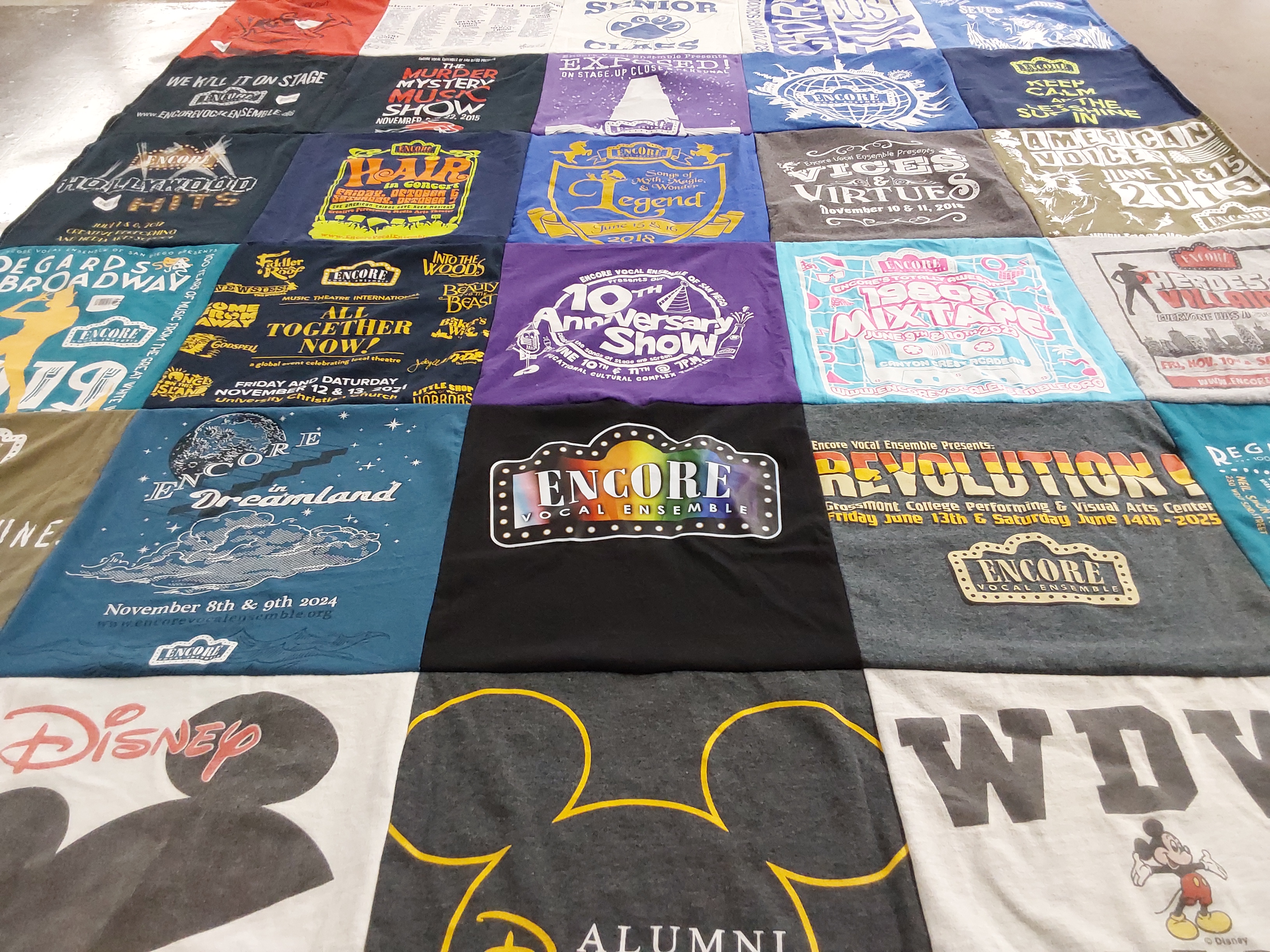 T-shirt quilt with theater, music themes by Tiffany from KY
