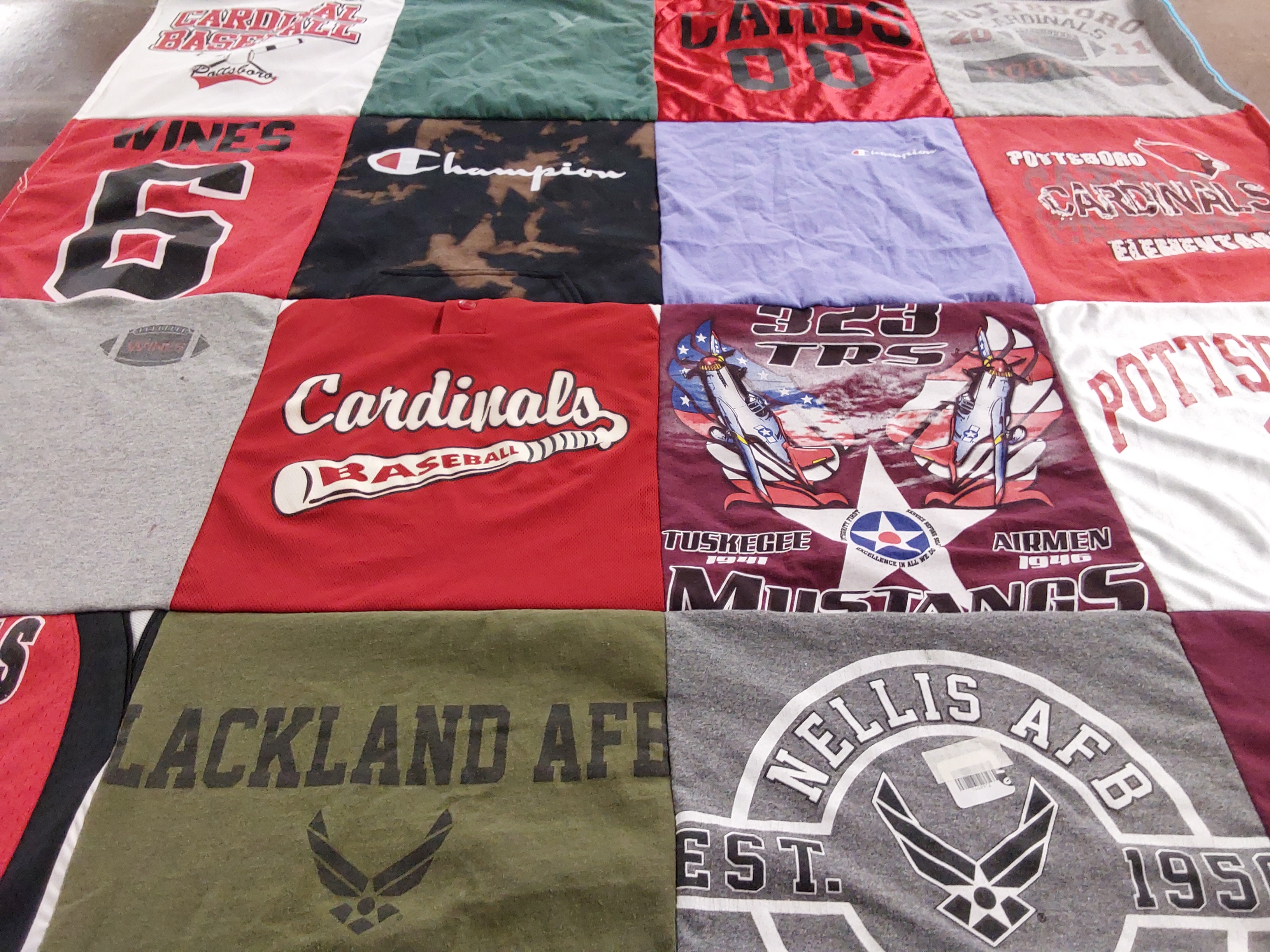 T-shirt quilt featuring cardinals baseball, tuskegee mustangs by Michelle from OK