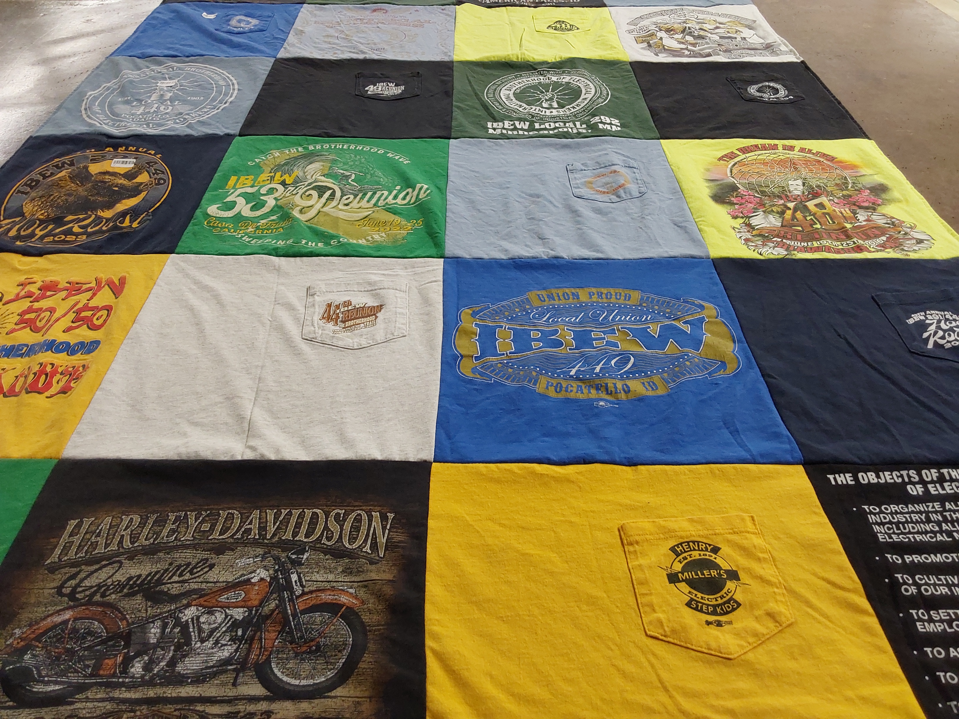 T-shirt quilt with motorcycles, union activities themes by Britt from ID