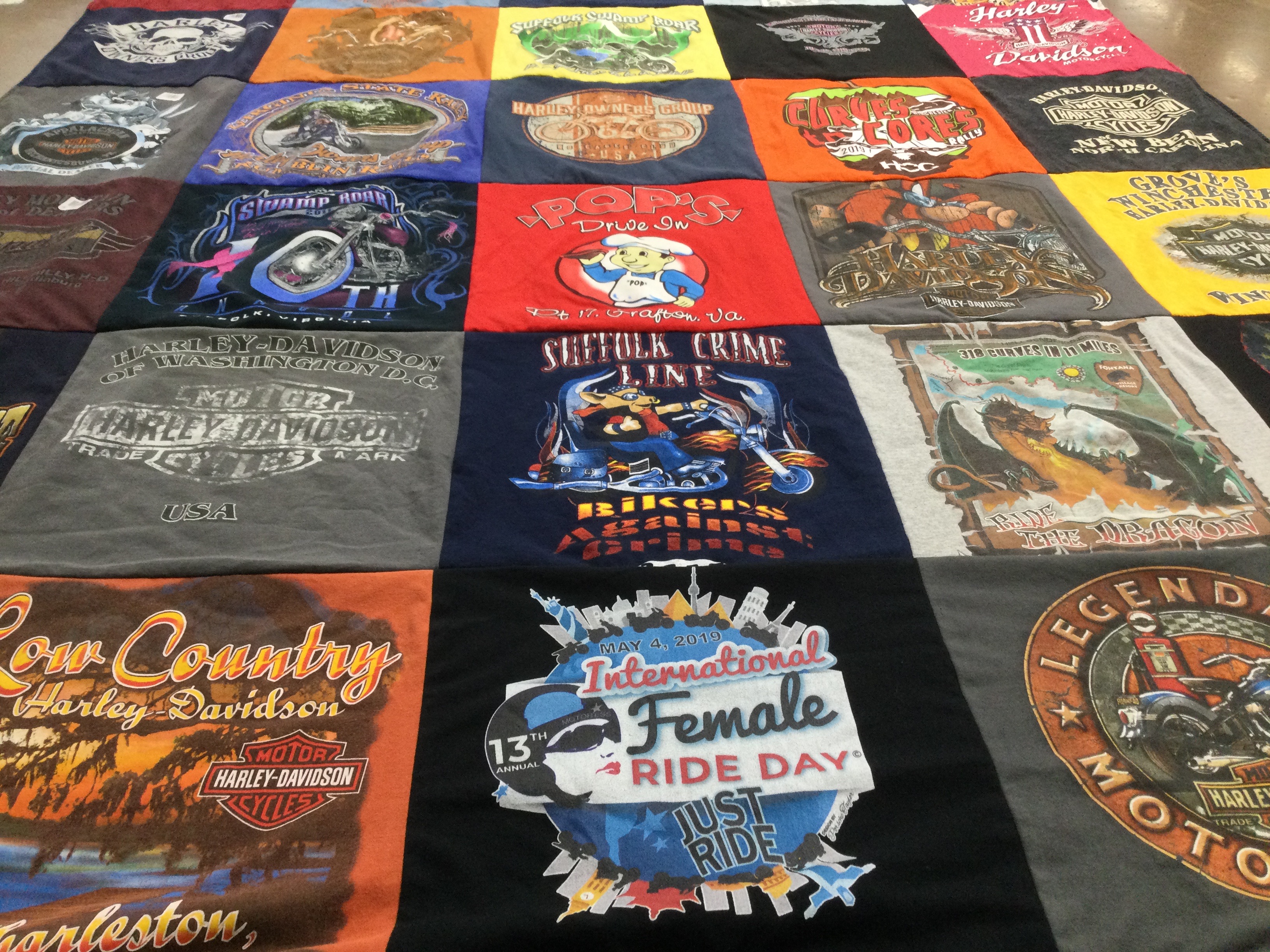 T-shirt quilt with motorcycling, biking themes by Cheryl from VA