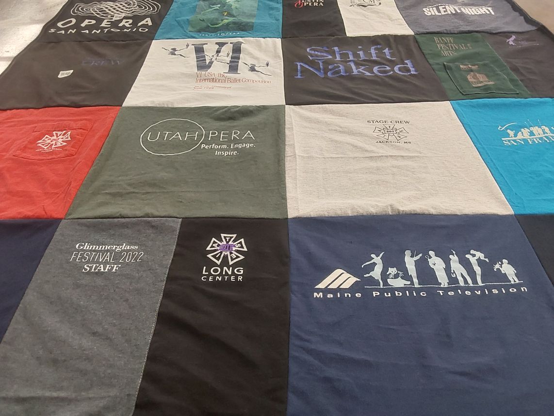 T-shirt quilt with performing arts, theater themes by Kathleen from NC