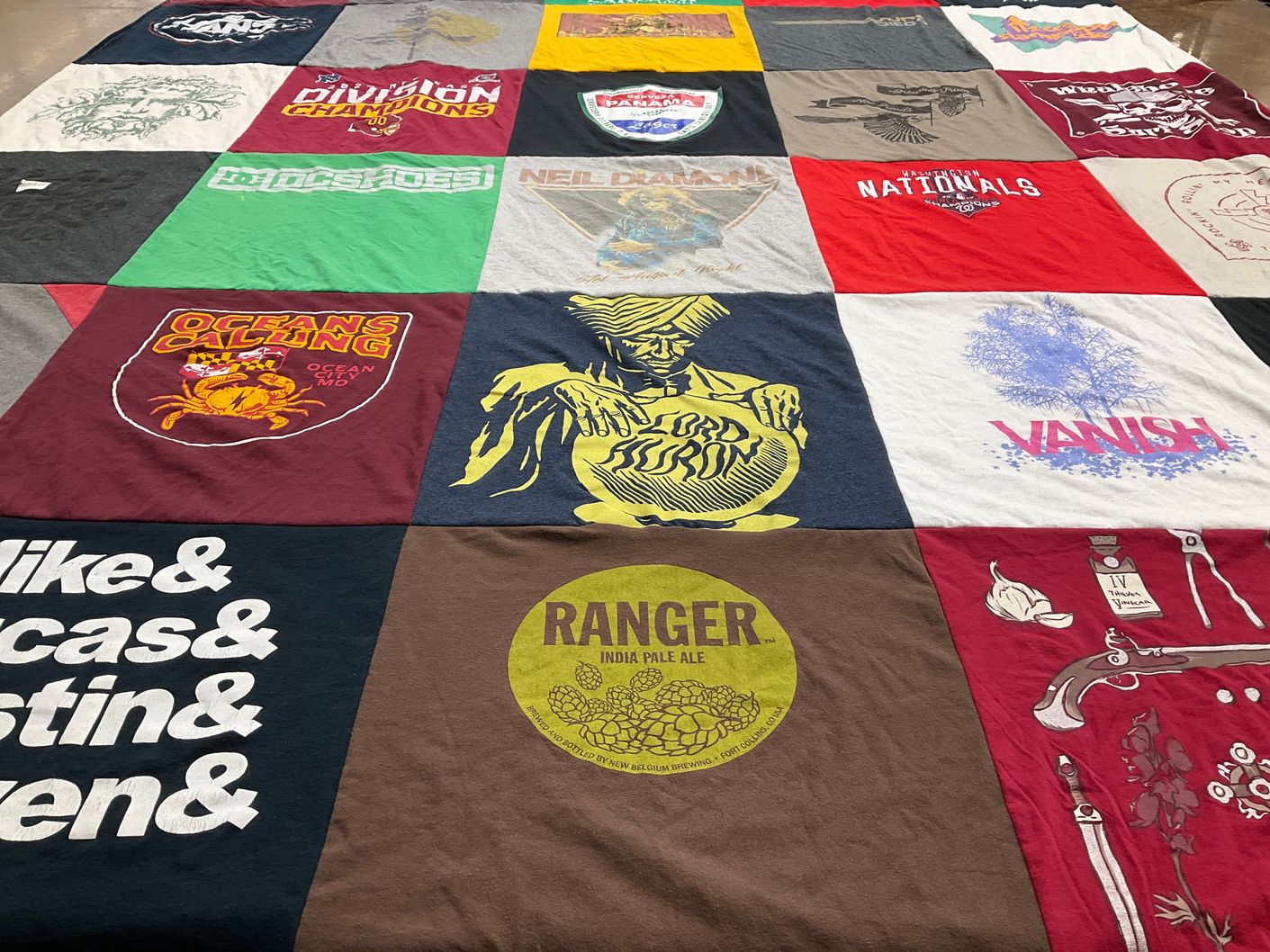 T-shirt quilt with beach, sports themes by Rita from VA