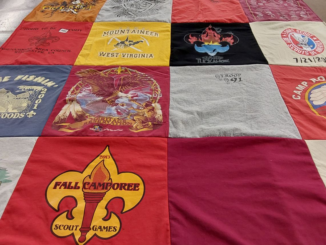 T-shirt quilt with scouting, camping themes by Martin from PA