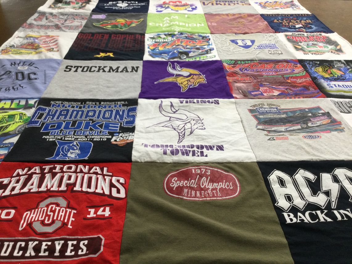 T-shirt quilt featuring duke blue devils, ohio state buckeyes by Jeanette from MN
