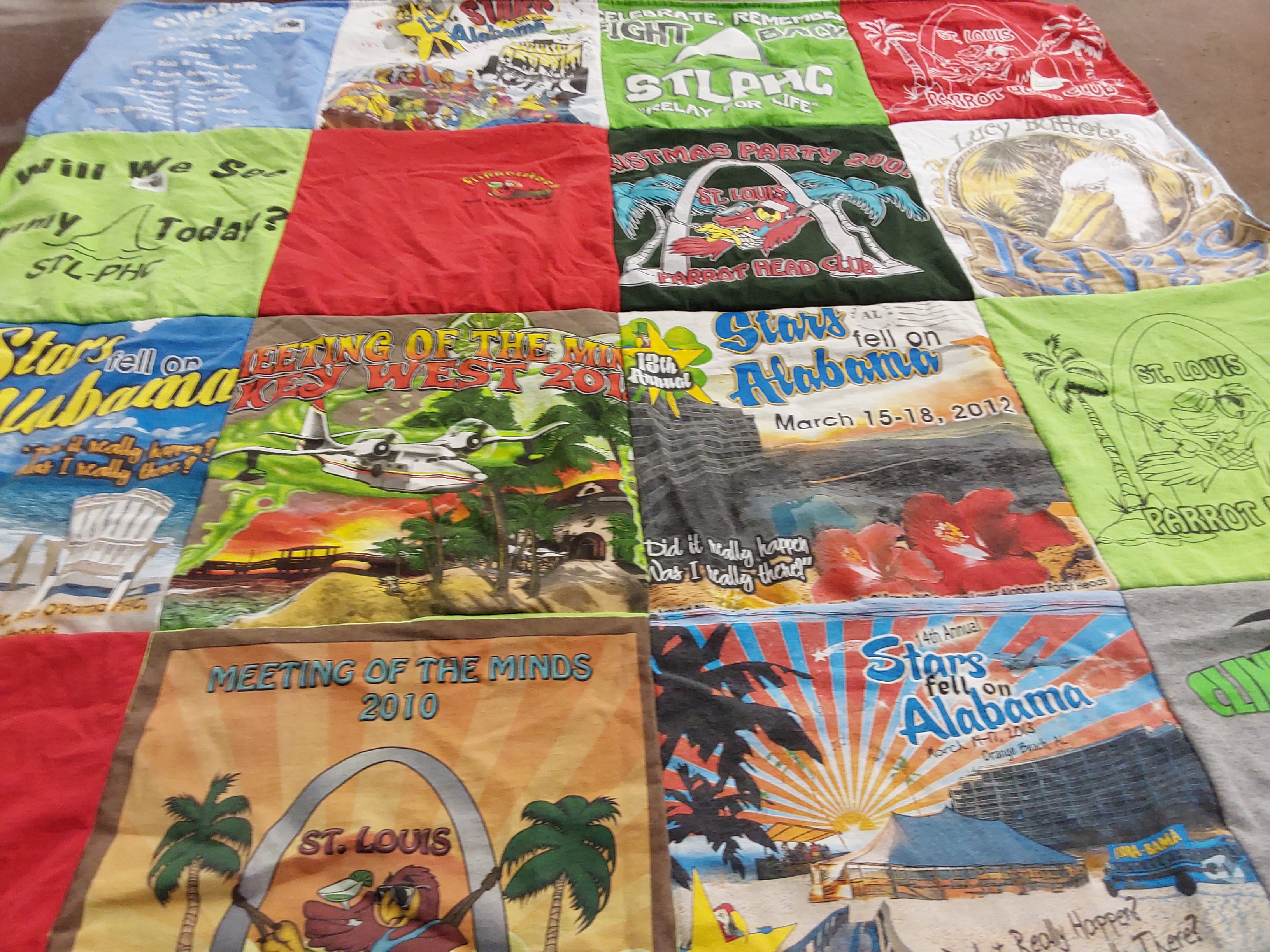 T-shirt quilt with travel, events themes by Mary from IL