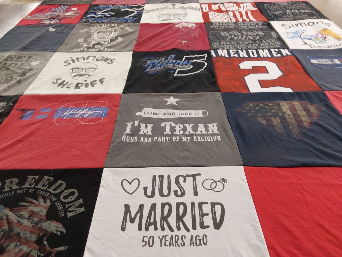 T-shirt quilt with texas, freedom themes by Lydia from TX