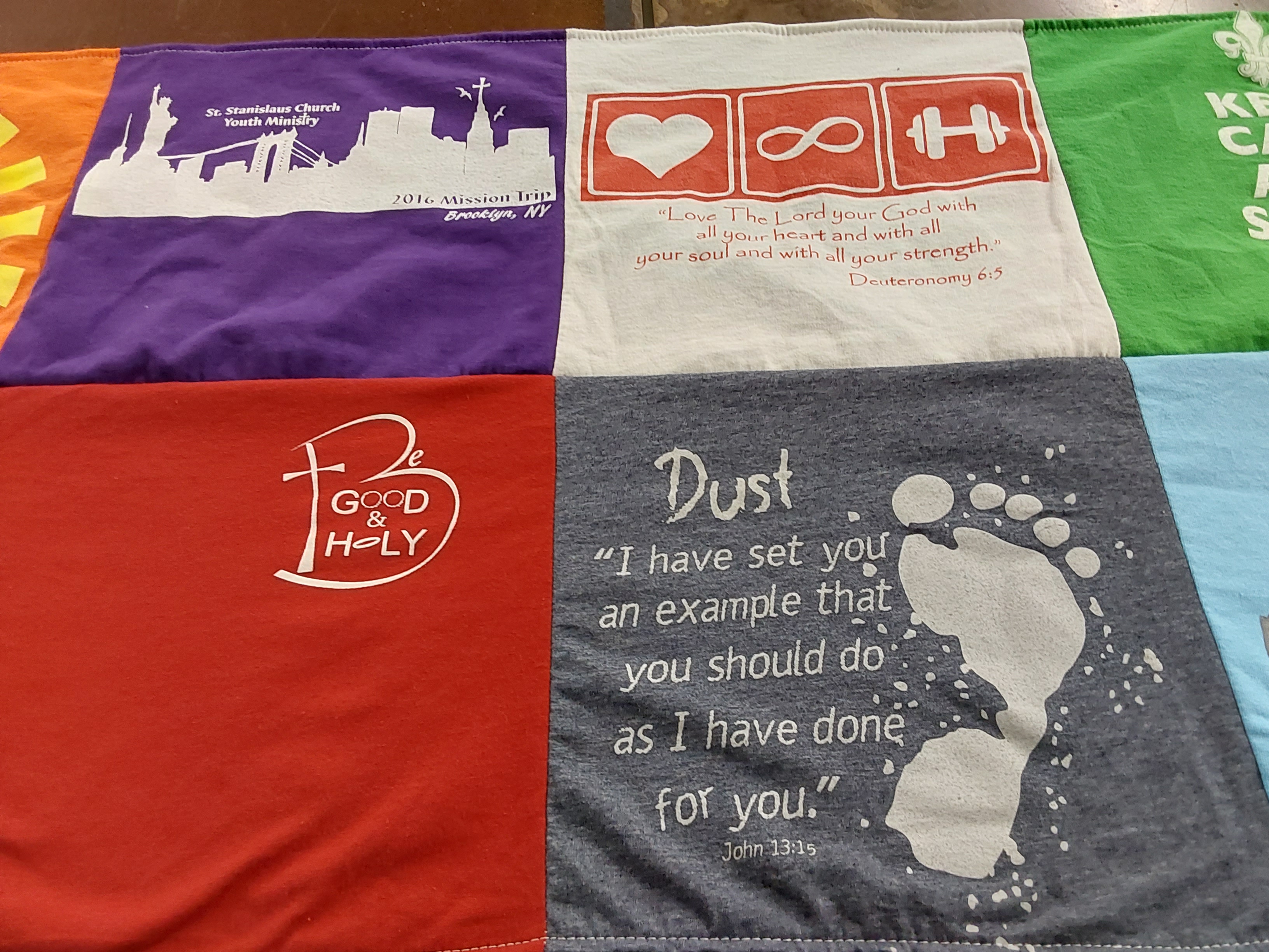 T-shirt quilt with youth ministry, religion themes by Debra from CT