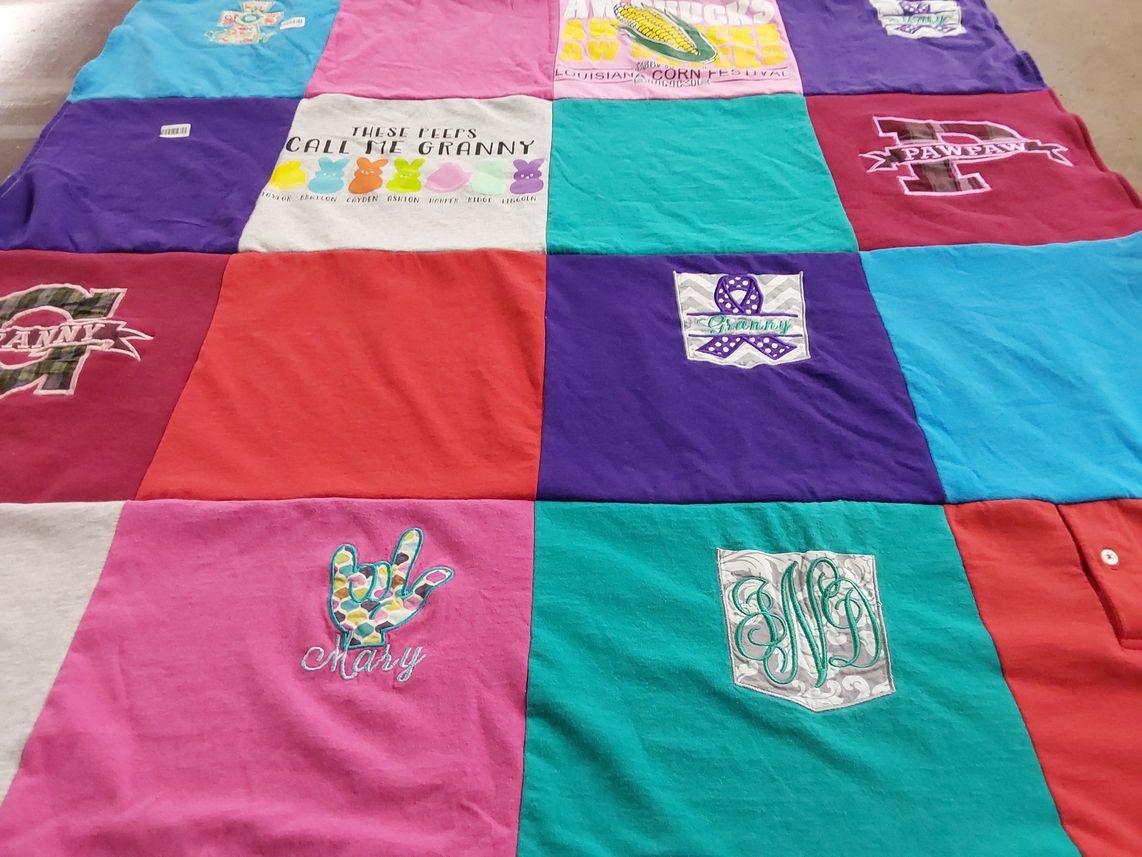 T-shirt quilt with family, crafting themes by Mary from LA