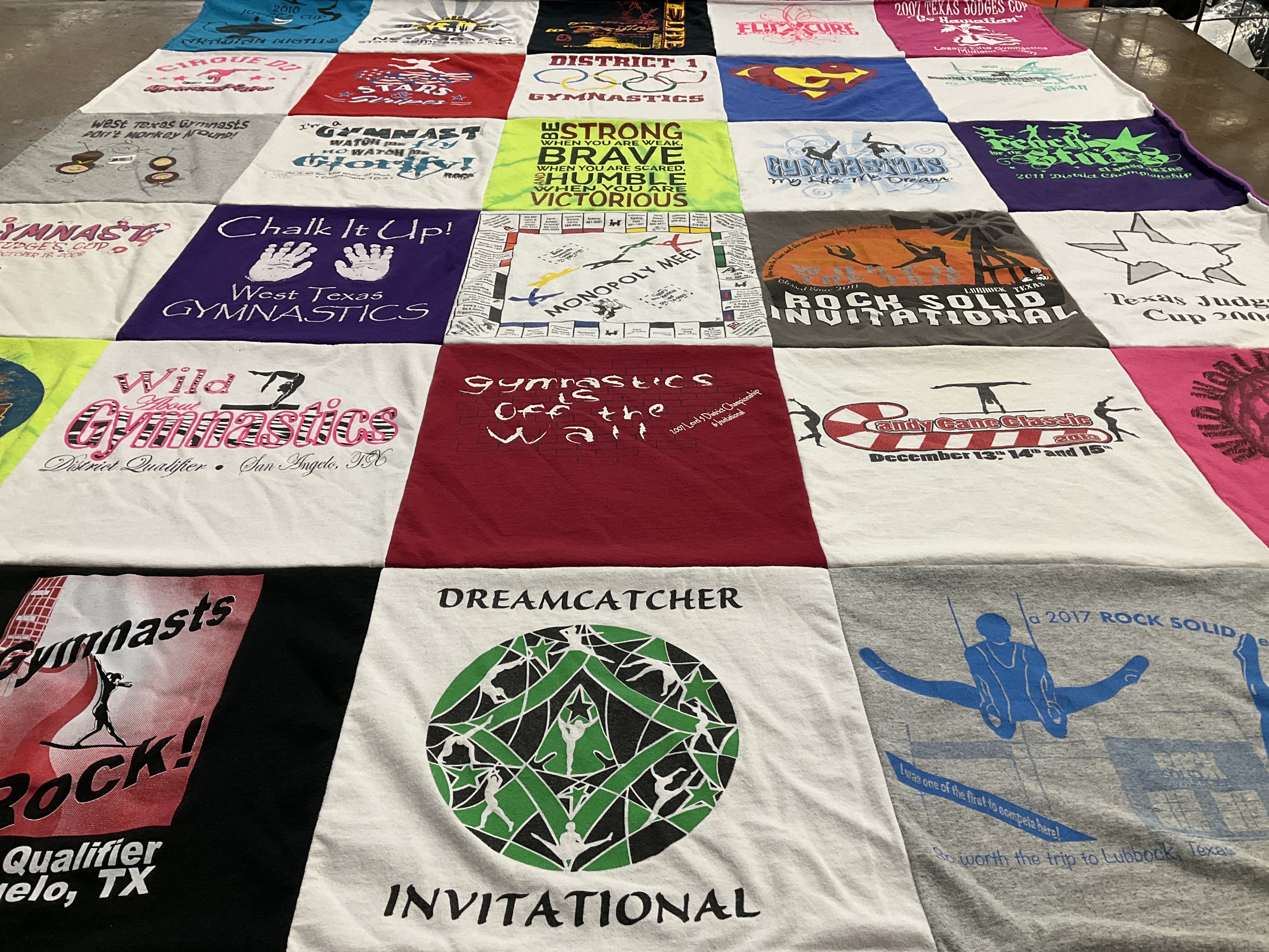 T-shirt quilt with gymnastics, sports themes by Tammy from TX