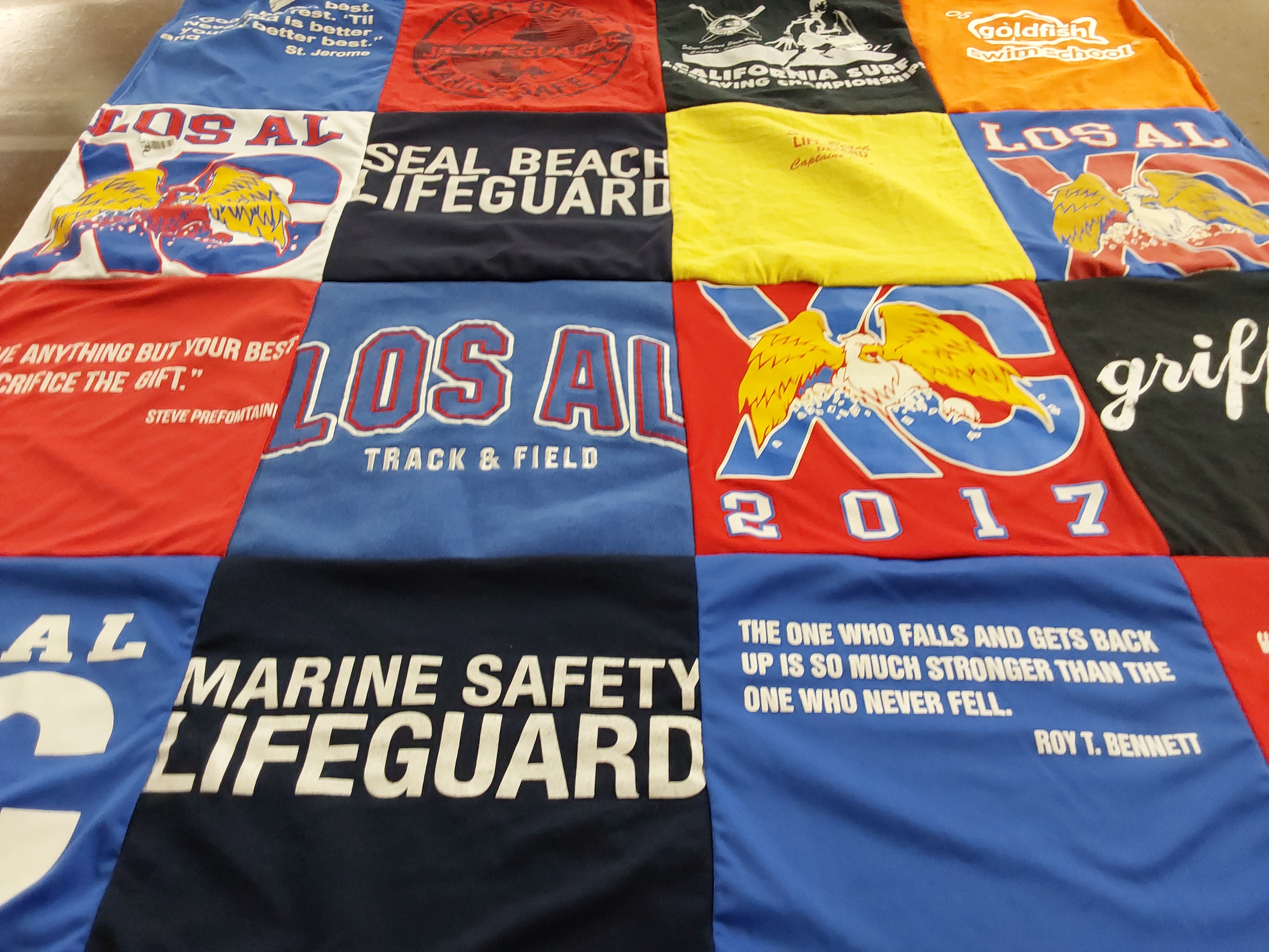 T-shirt quilt from los alamitos high school by Cathy from CA
