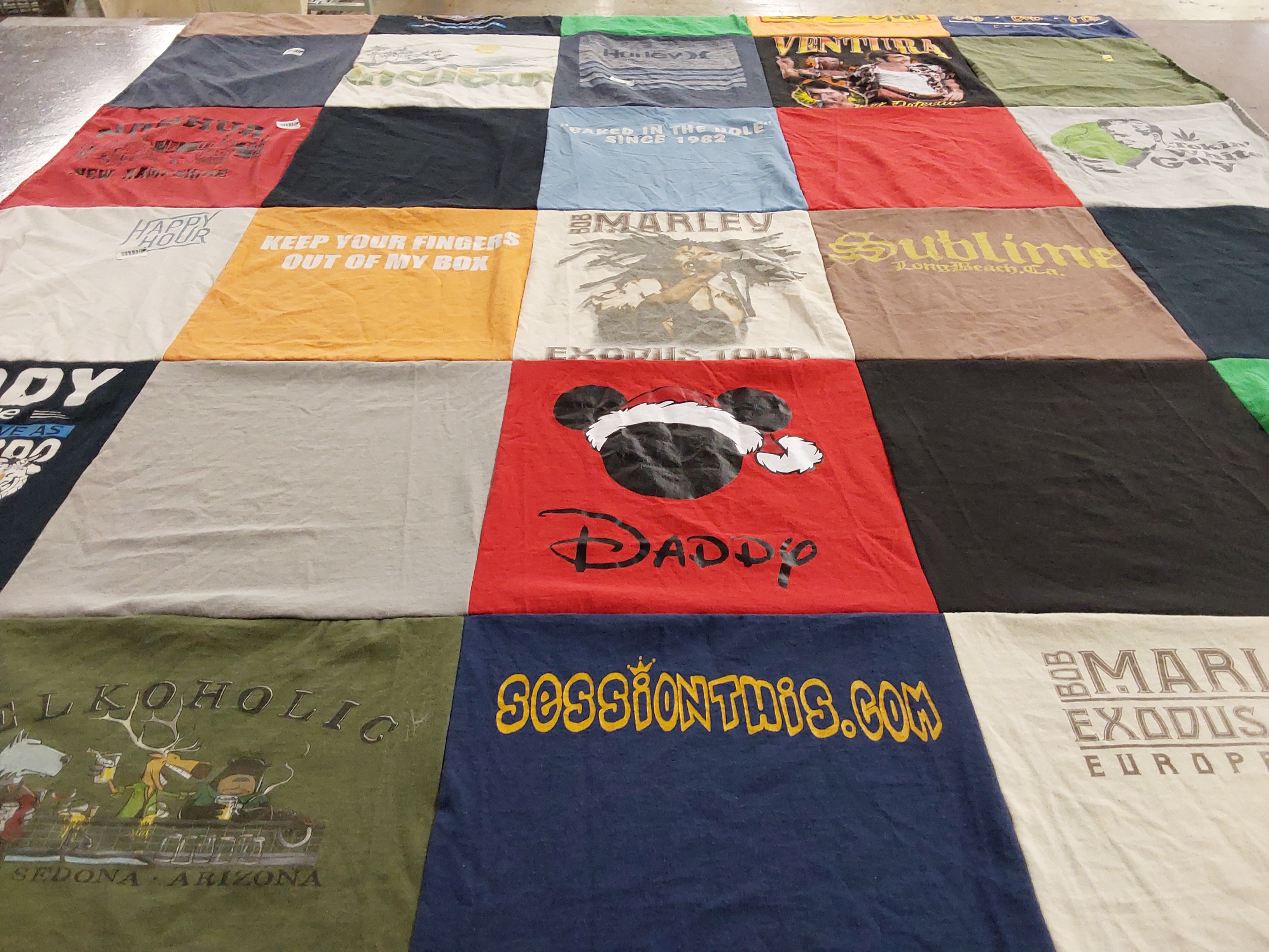 T-shirt quilt with music, alcohol themes by Tracy from NH