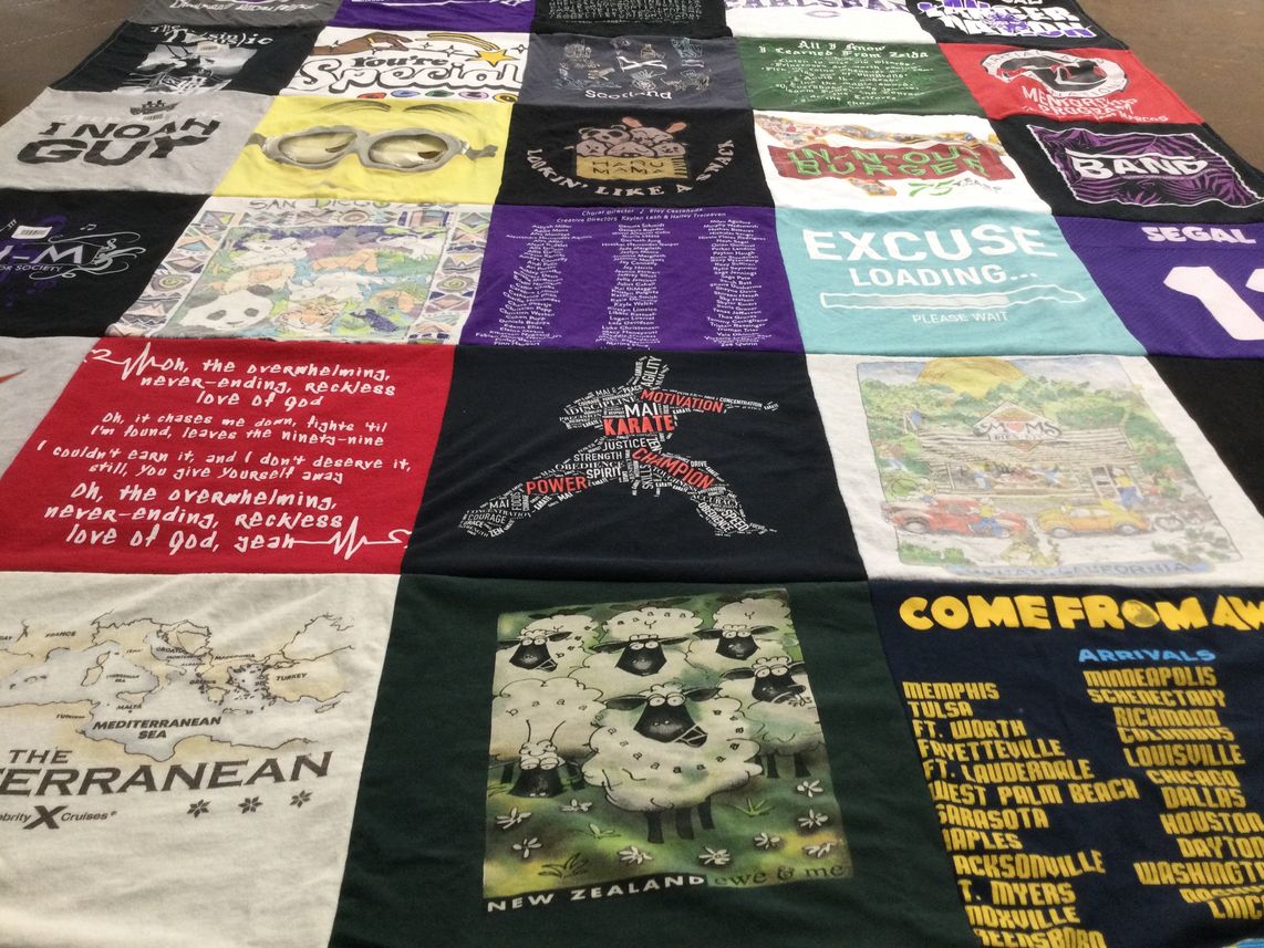 T-shirt quilt with travel, music themes by Noah from CA
