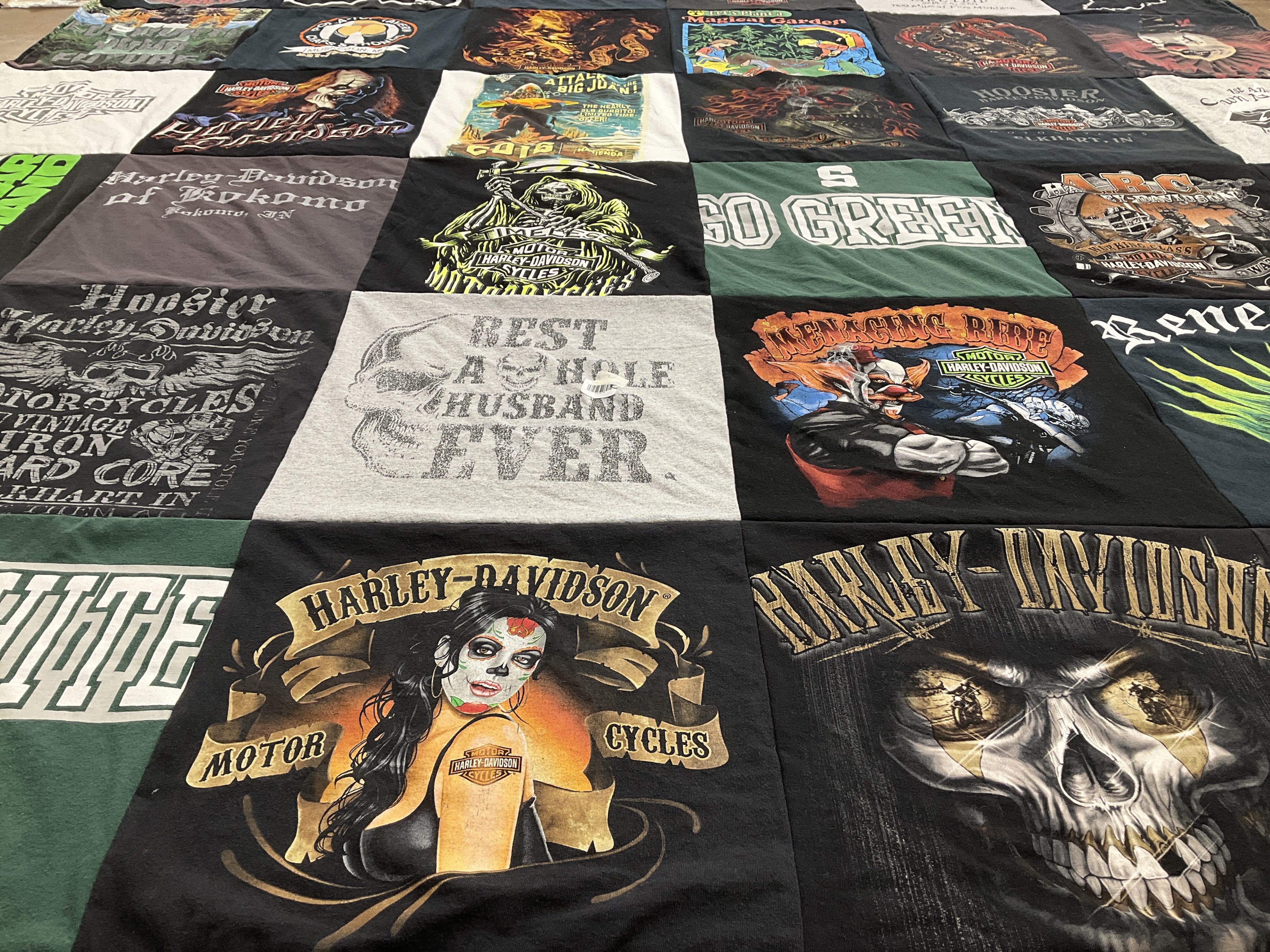 T-shirt quilt with motorcycles, biking themes by Joey from IN