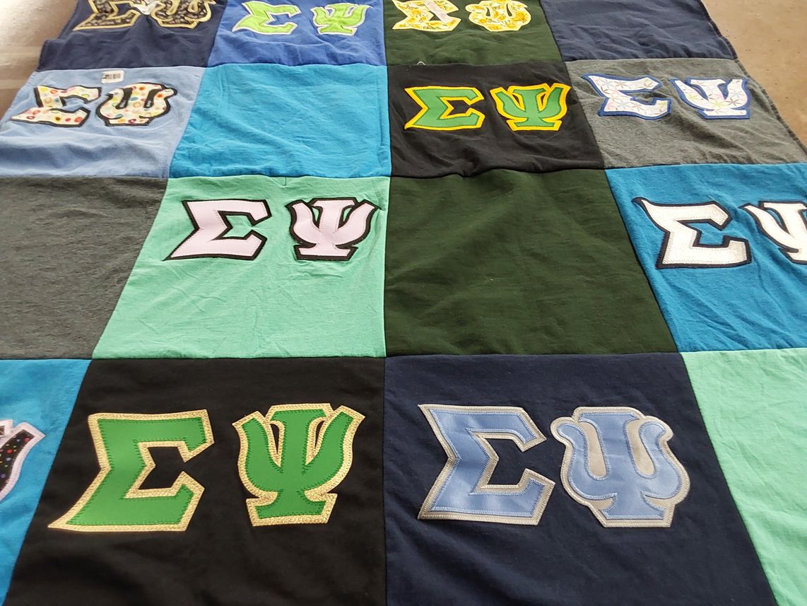 T-shirt quilt with sororities, fraternities themes by Katherine from OH