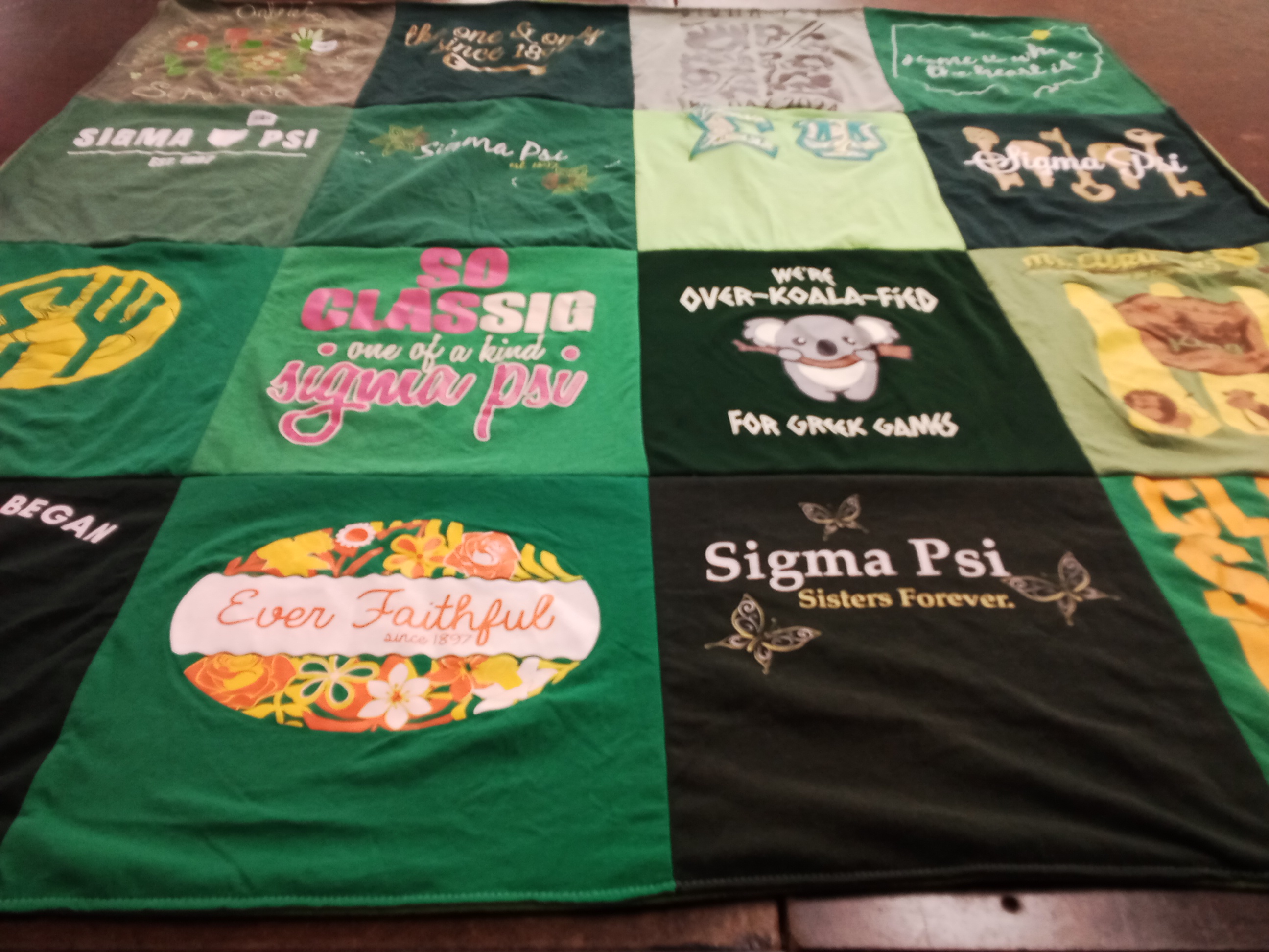 T-shirt quilt with sisterhood, greek life themes by Katherine from OH