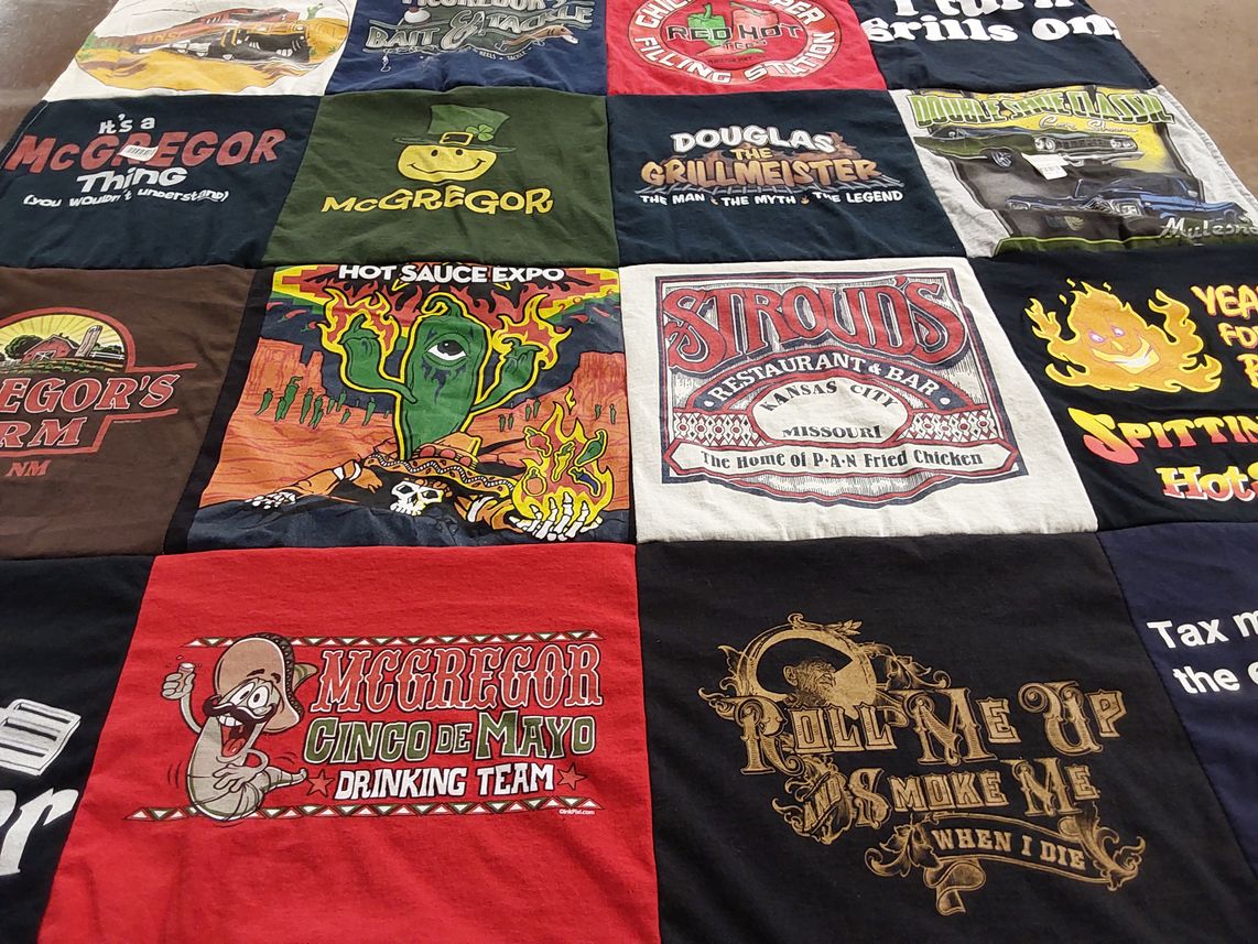 T-shirt quilt with grilling, hot sauce themes by Douglas from NM