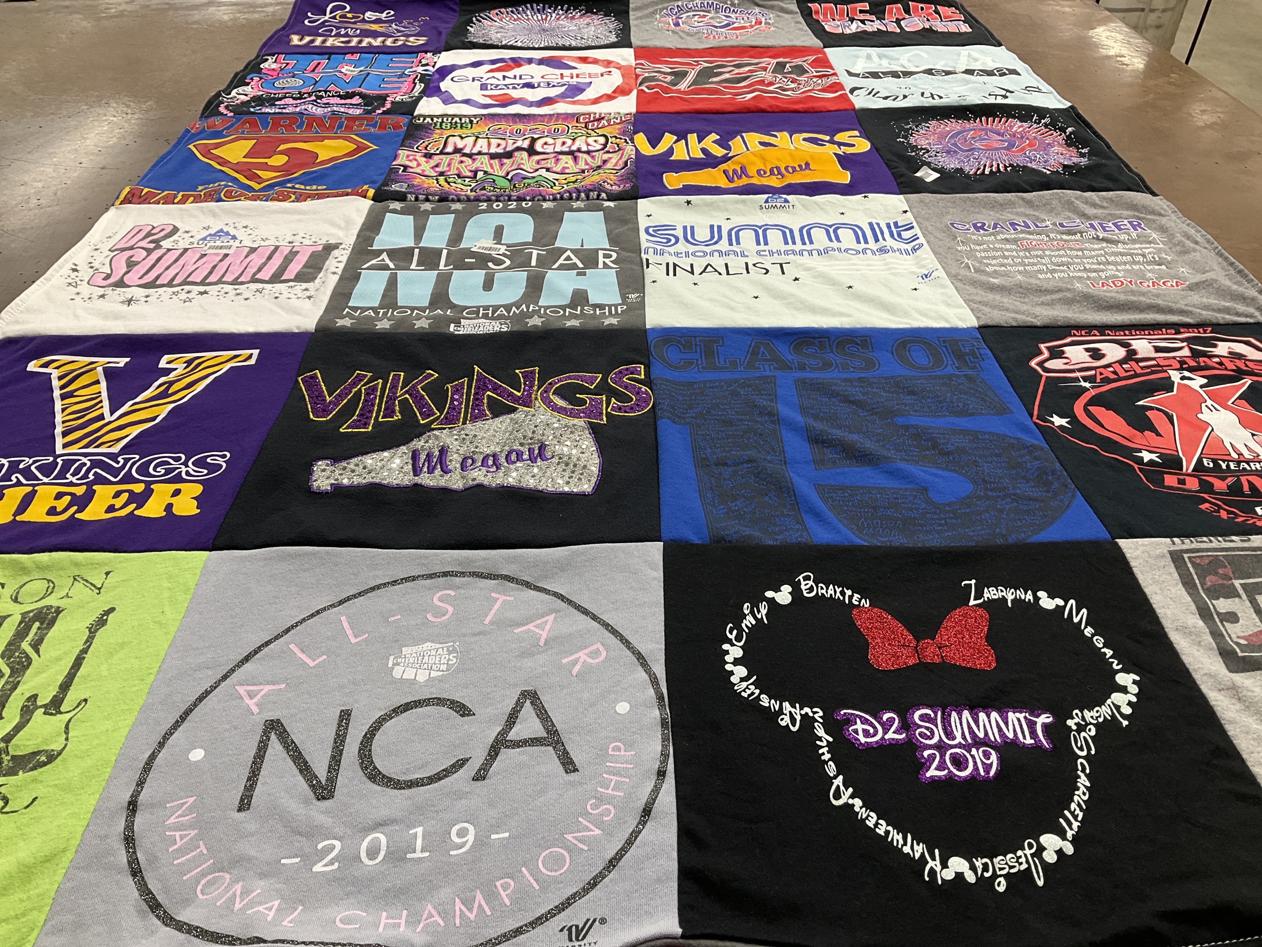 Custom Project Repat t-shirt quilt featuring shirts from vikings cheer.