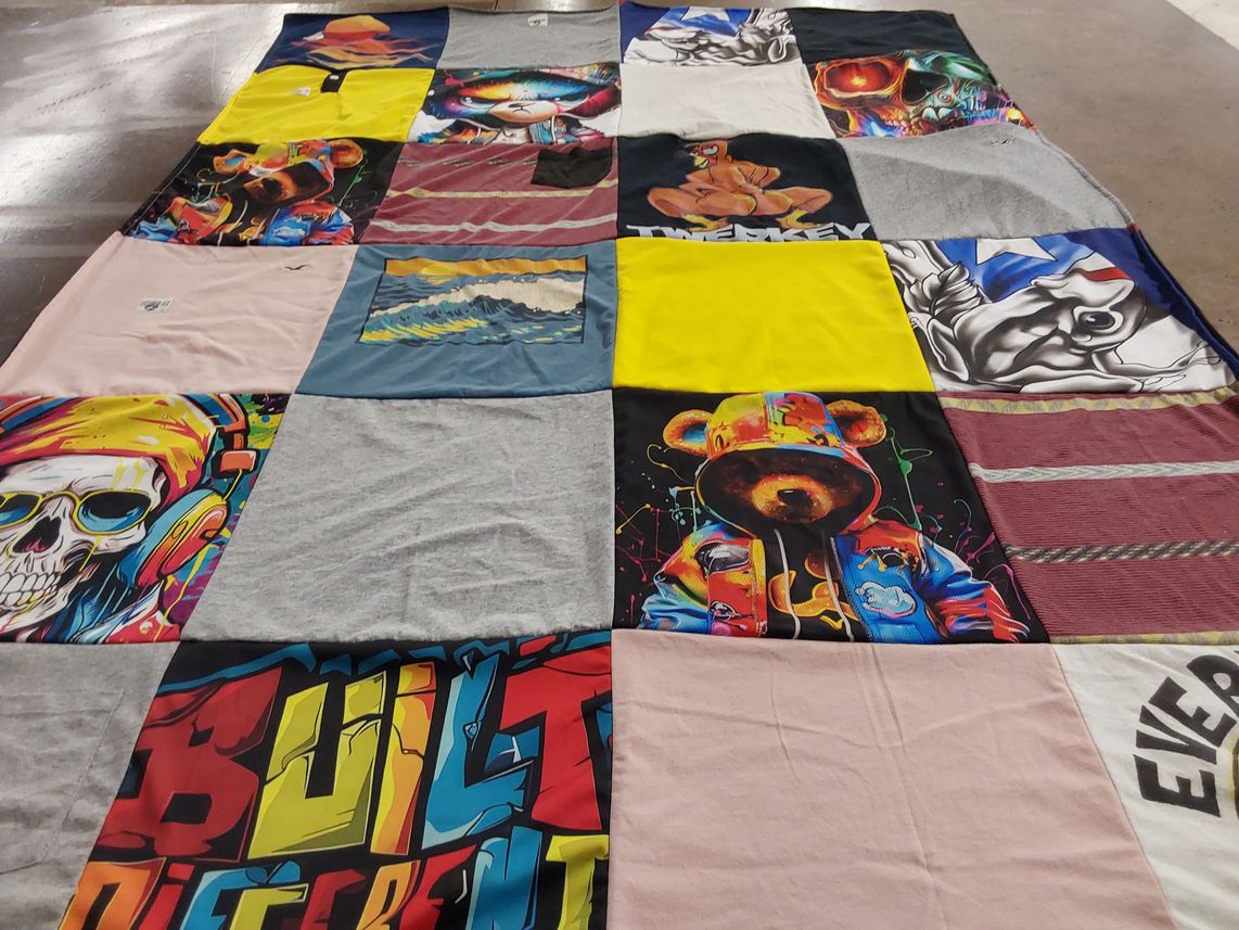 T-shirt quilt with art, skateboarding themes by Jessica from NY