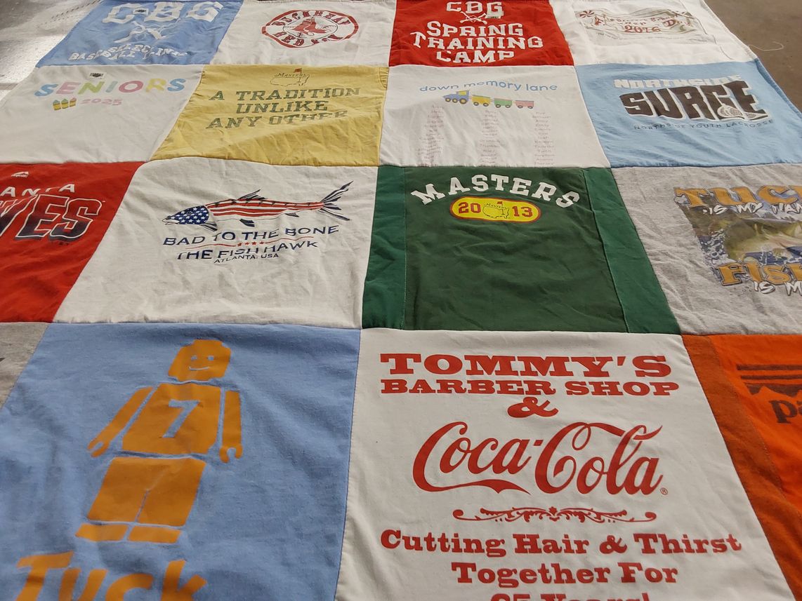 T-shirt quilt with barbering, fishing themes by Heather from GA