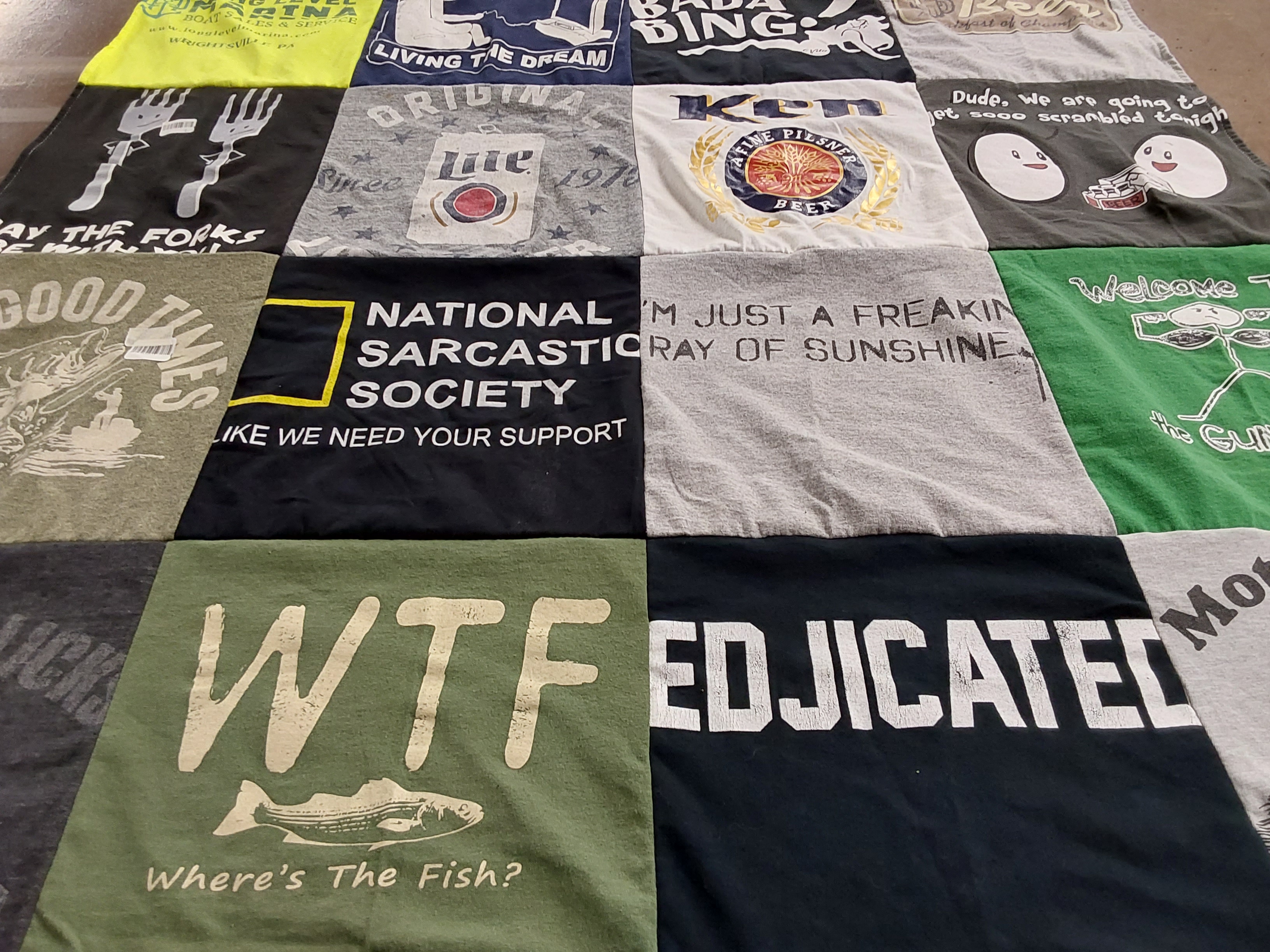 T-shirt quilt with sarcasm, fishing themes by Stacy from PA