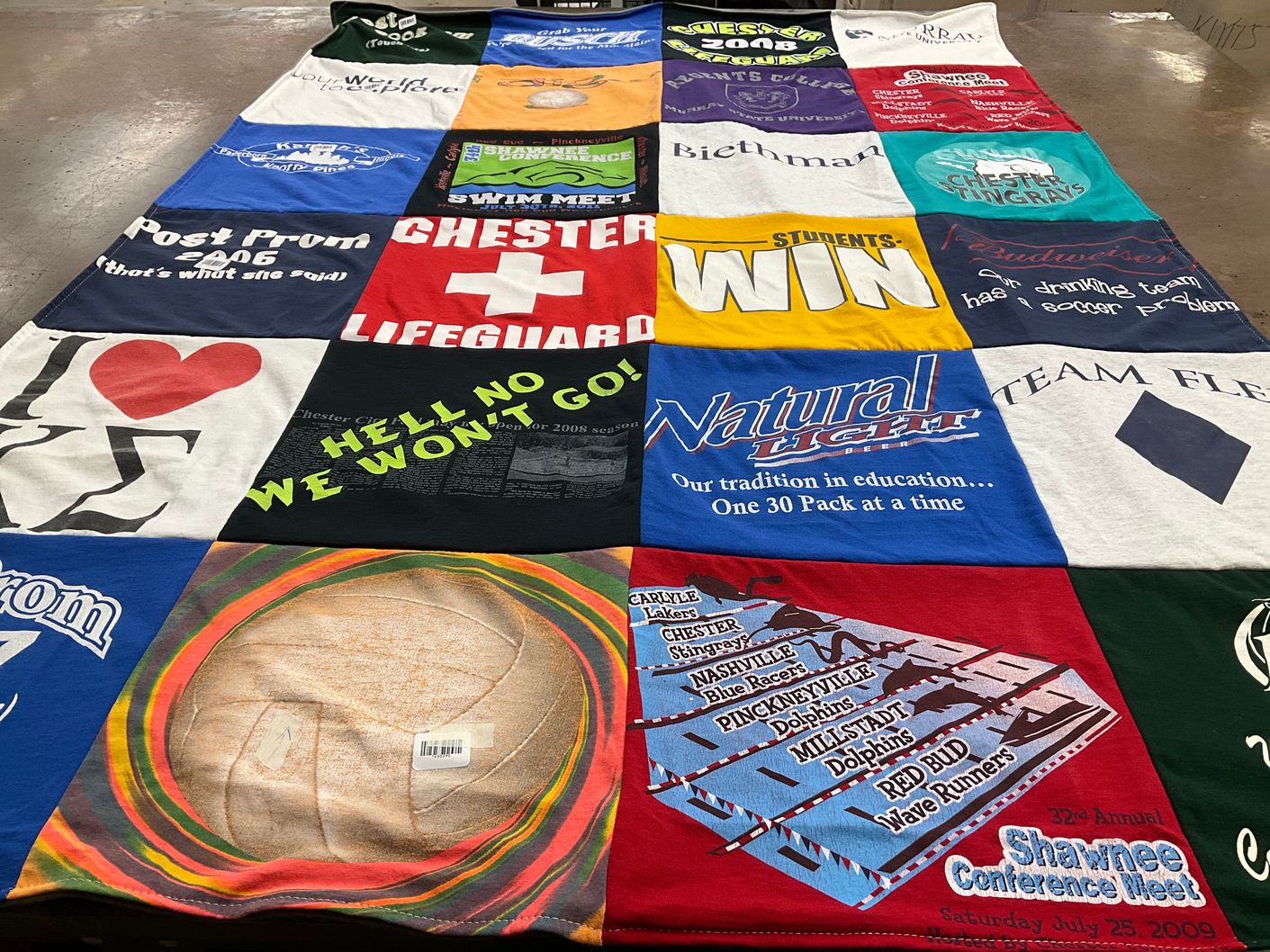 T-shirt quilt featuring pinckneyville dolphins, chester stingrays by Missy from IL
