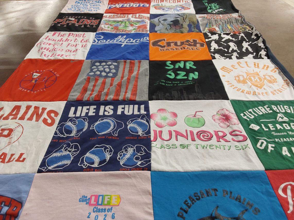 T-shirt quilt featuring pleasant plains basketball, pleasant plains baseball by Carrie from IL