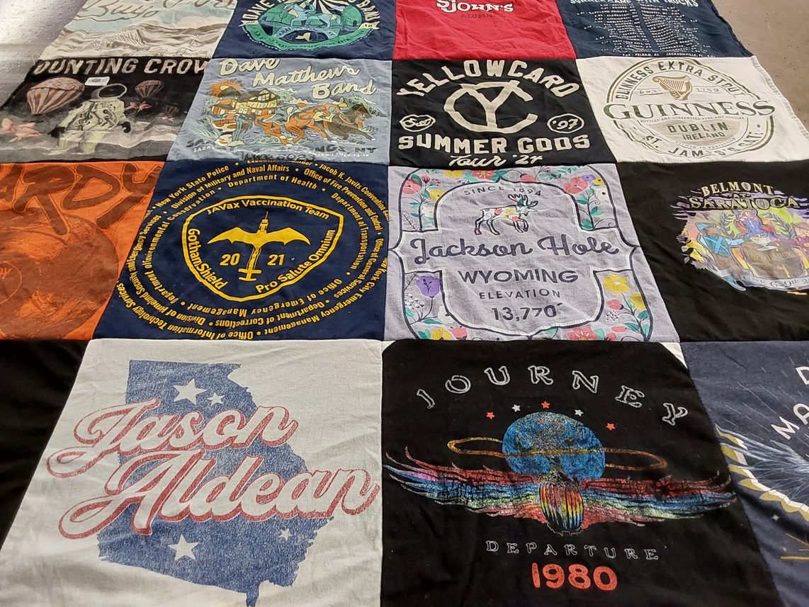 T-shirt quilt with music, travel themes by Jnelle from NY
