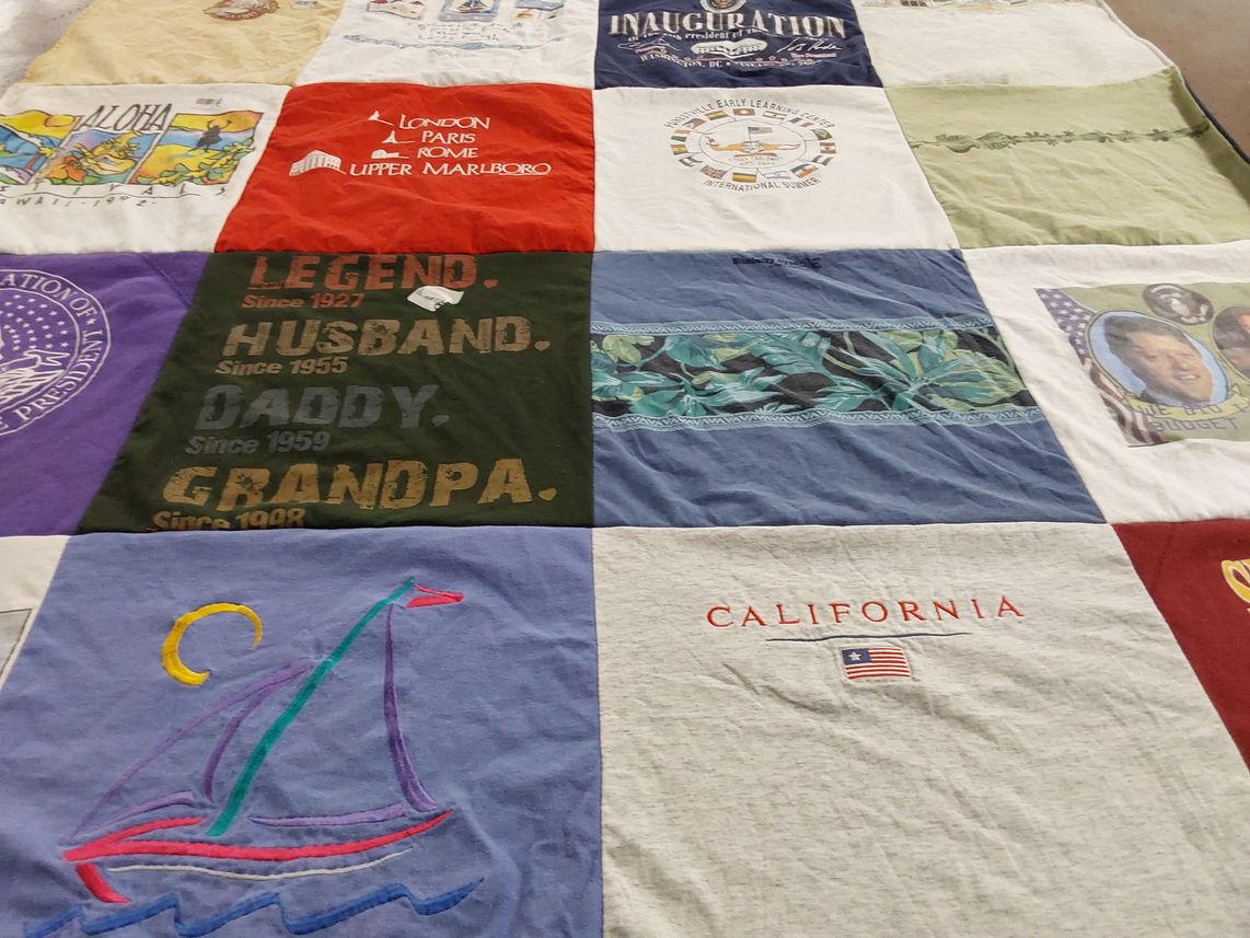 T-shirt quilt with travel, family themes by Vicky from AZ