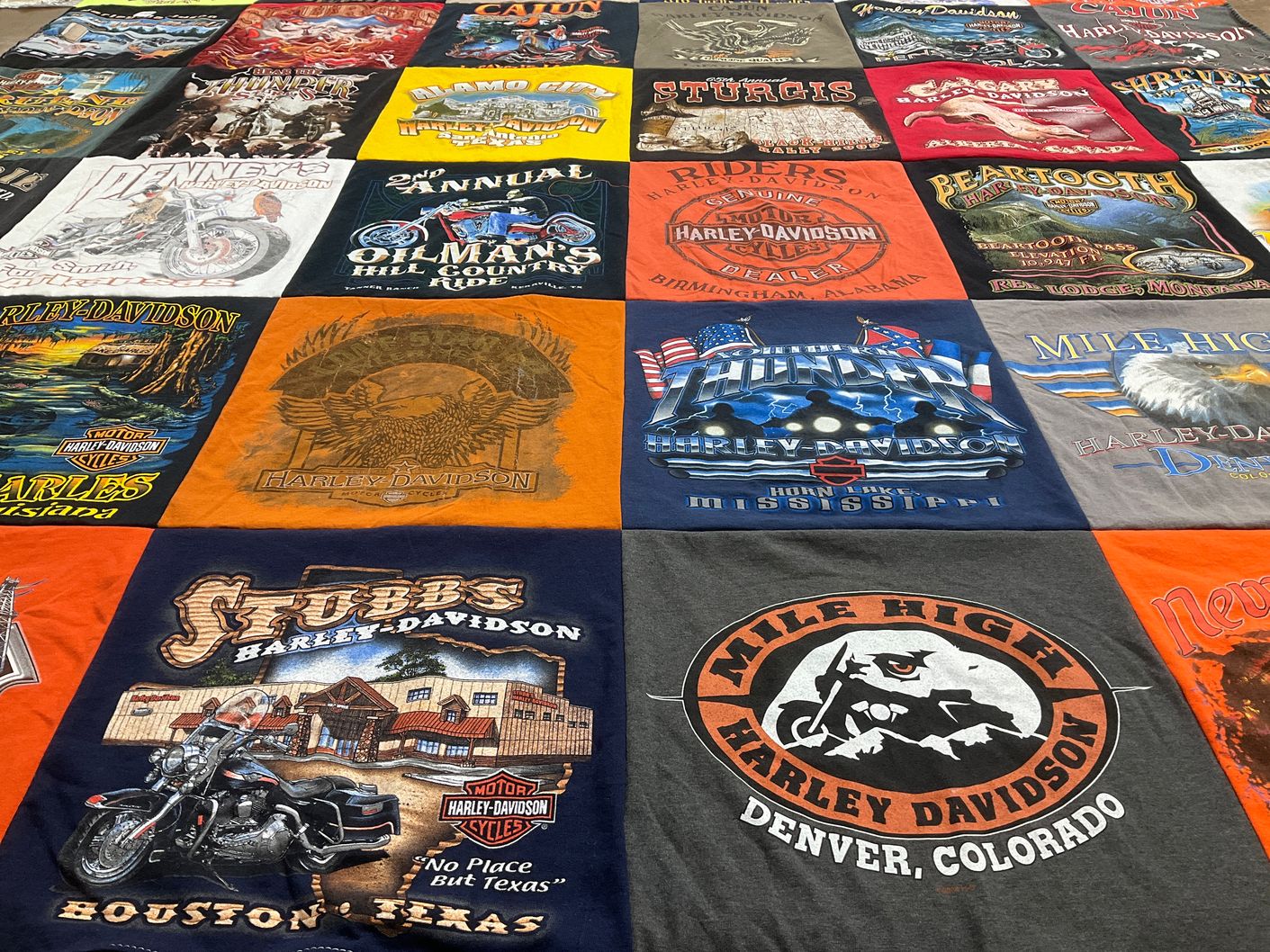 T-shirt quilt with motorcycles, biking themes by Bryan from LA