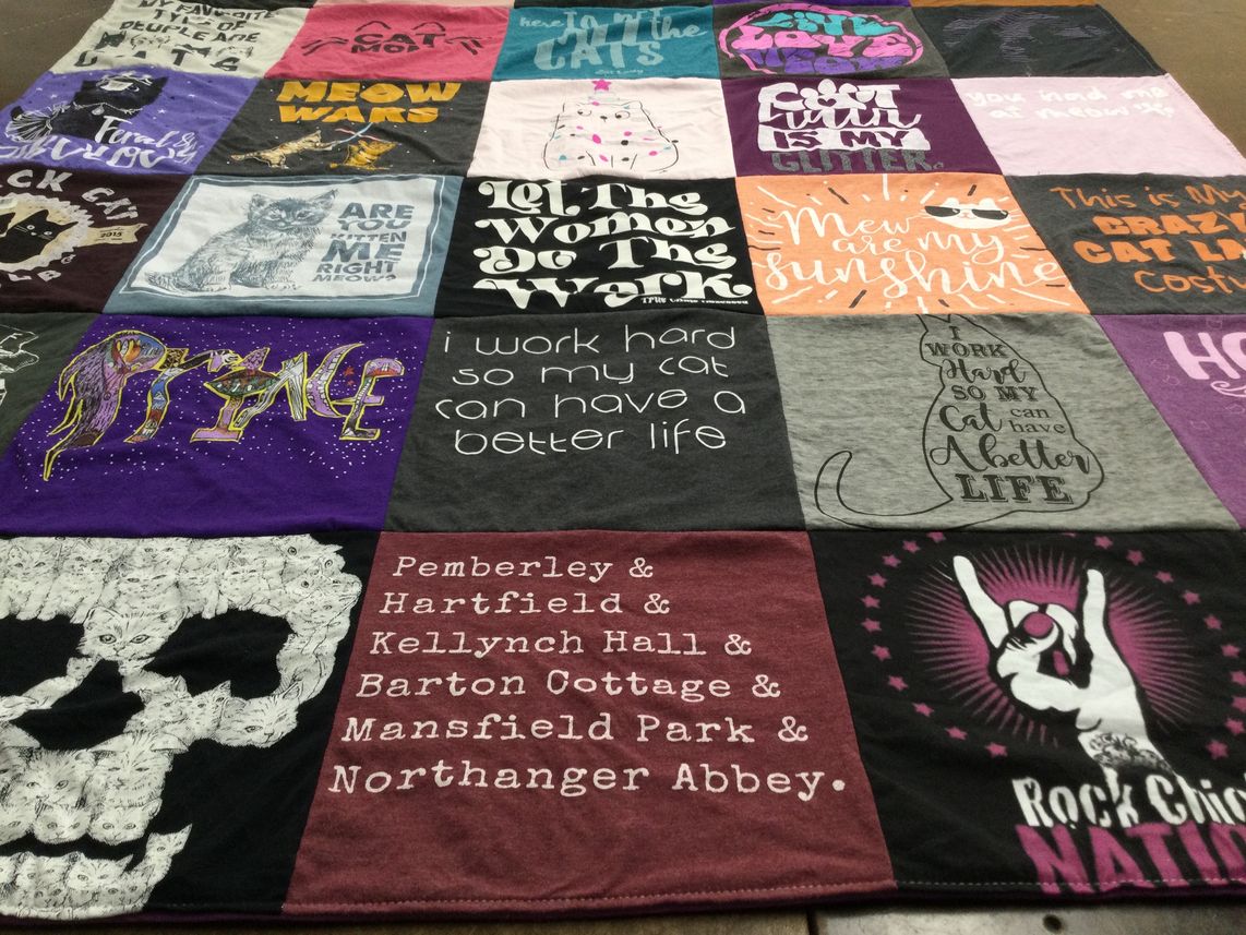 T-shirt quilt with cats, music themes by Erika from MN